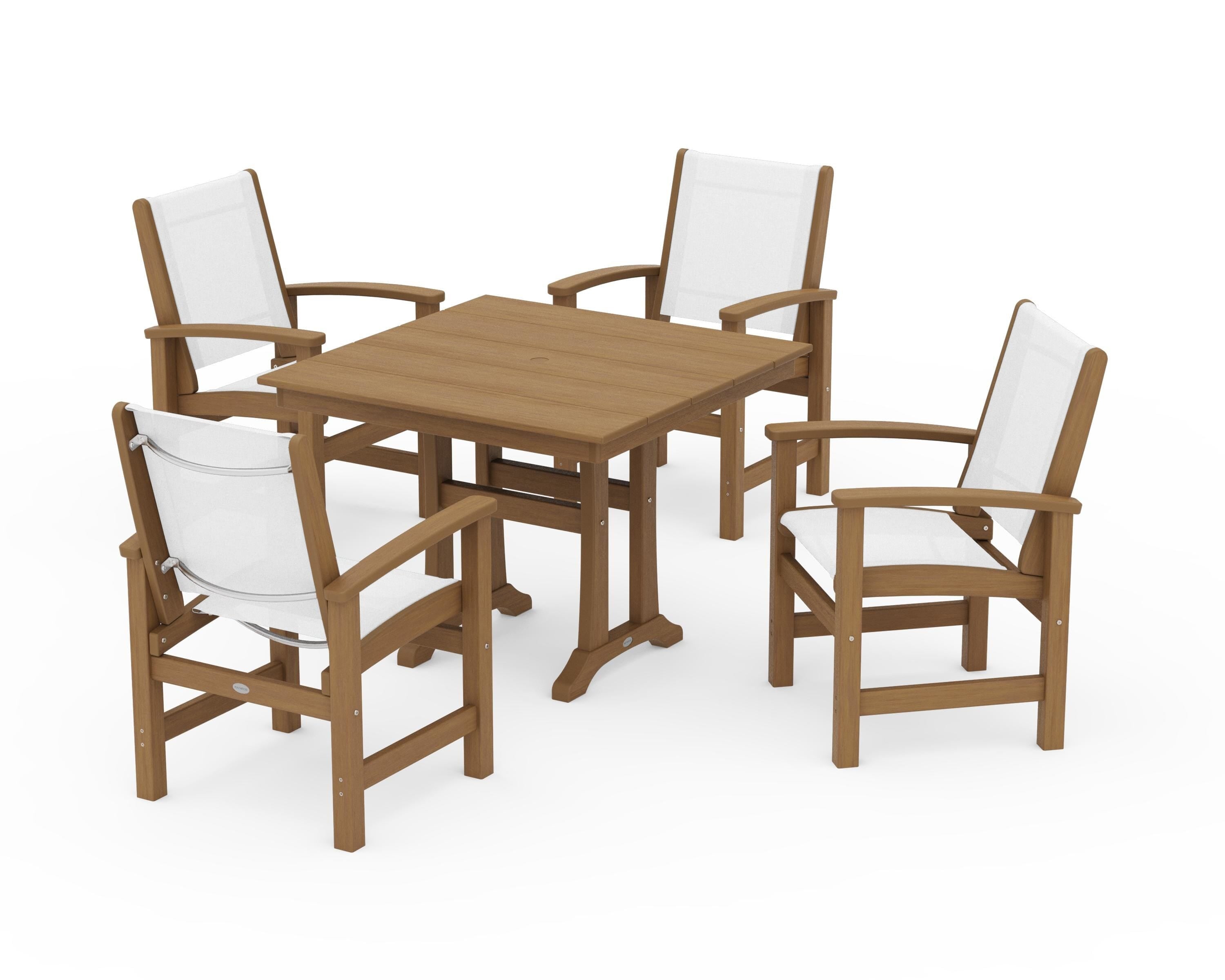 POLYWOOD Coastal 5-Piece Farmhouse Dining Set With Trestle Legs in Natural / White Sling