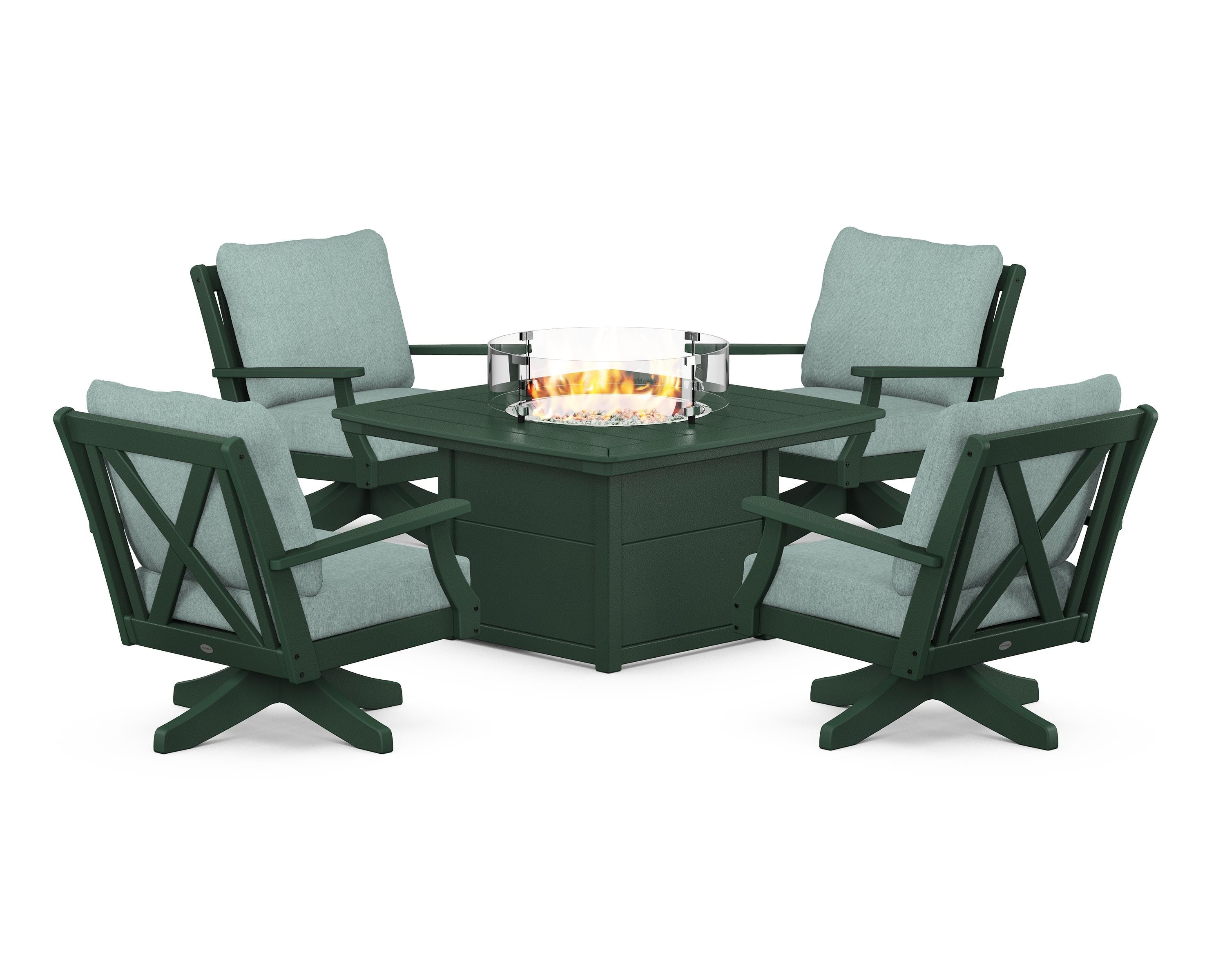 POLYWOOD Braxton 5-Piece Deep Seating Swivel Conversation Set with Fire Pit Table in Green / Glacier Spa