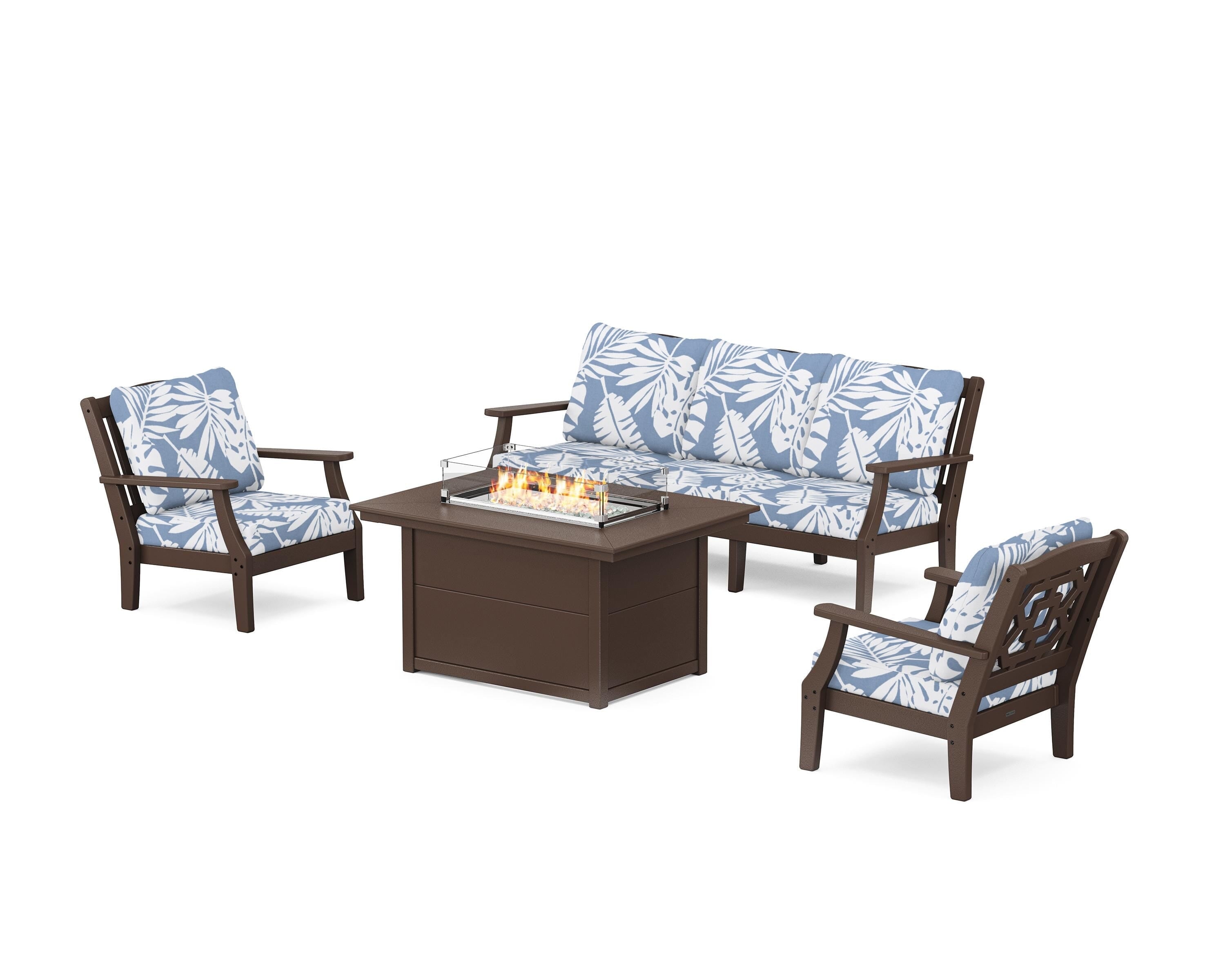 Martha Stewart by POLYWOOD Chinoiserie Deep Seating Fire Pit Table Set in Mahogany / Leaf Sky Blue