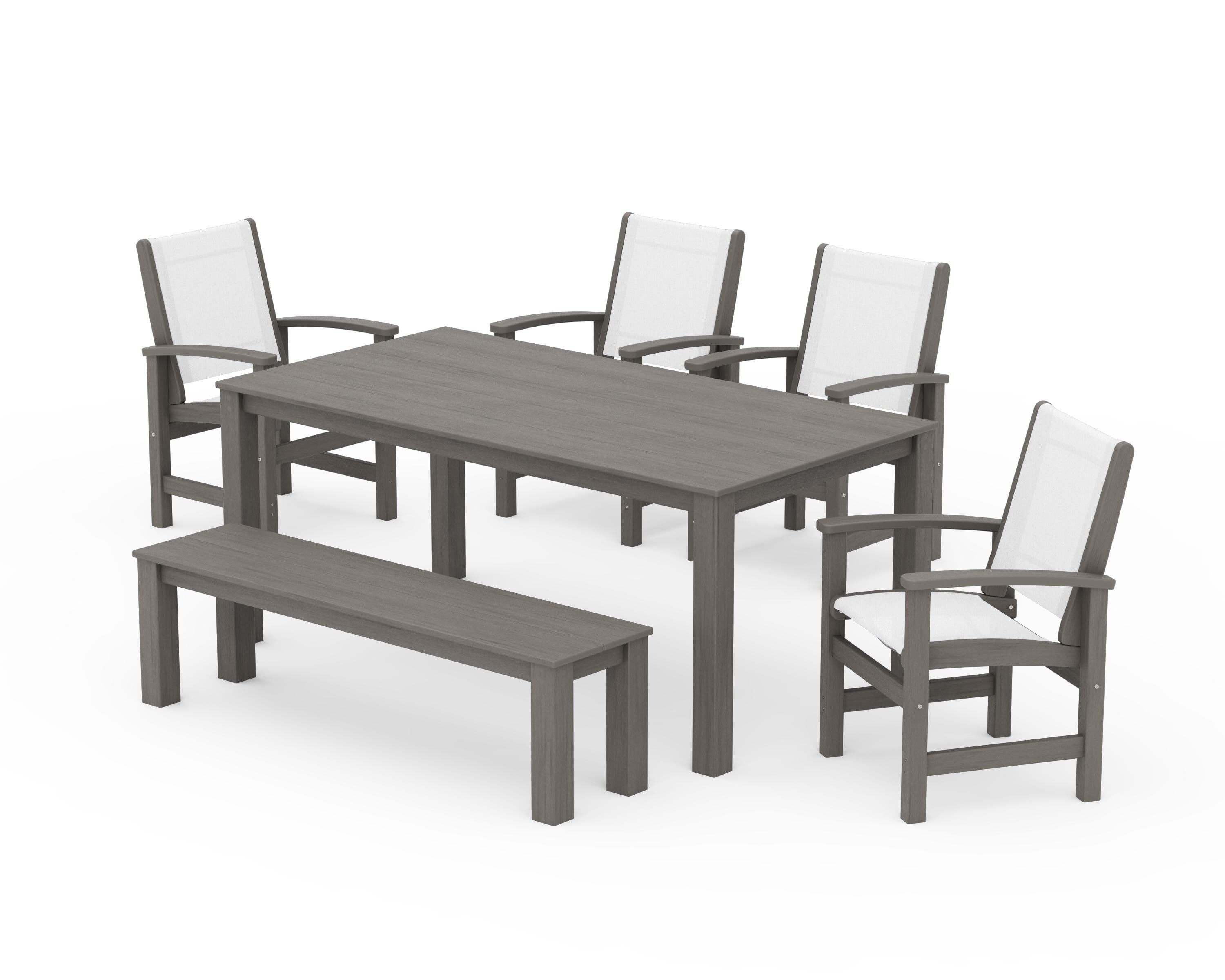 POLYWOOD Coastal 6-Piece Parsons Dining Set with Bench in Driftwood / White Sling