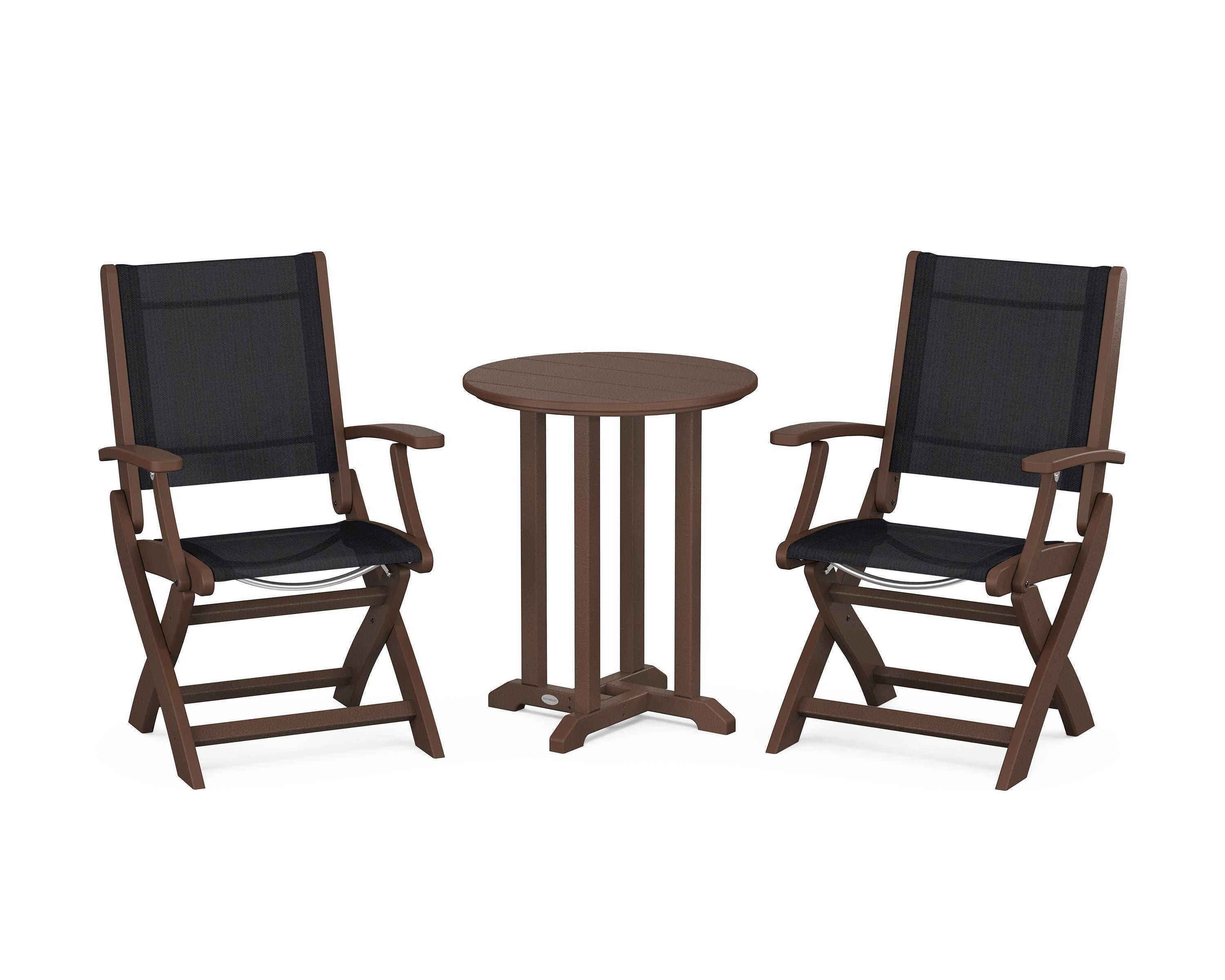 POLYWOOD Coastal Folding 3-Piece Round Bistro Dining Set in Mahogany / Black Sling