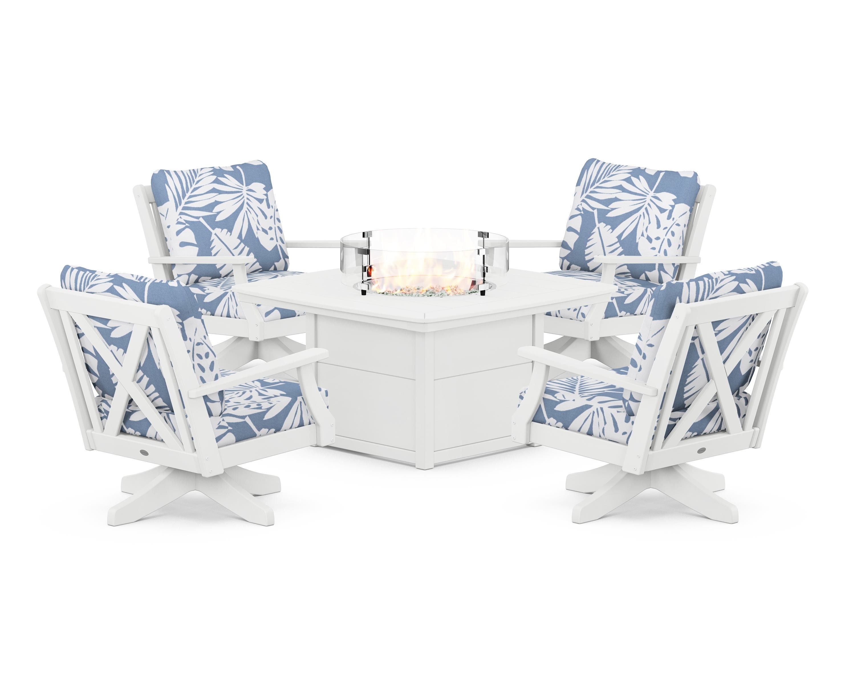 POLYWOOD Braxton 5-Piece Deep Seating Swivel Conversation Set with Fire Pit Table in White / Leaf Sky Blue