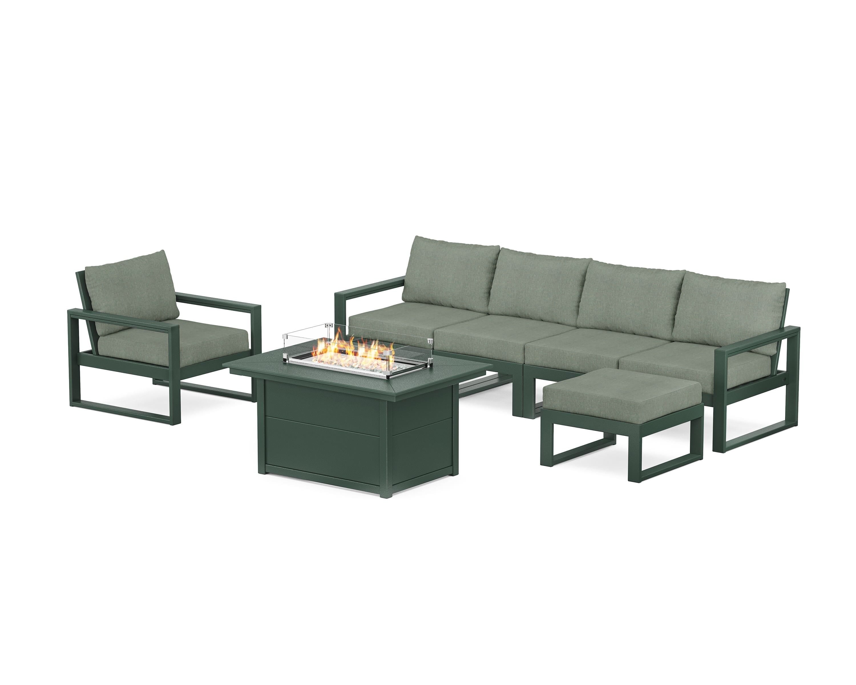 POLYWOOD EDGE Sectional Lounge and Fire Pit Set in Green / Cast Sage