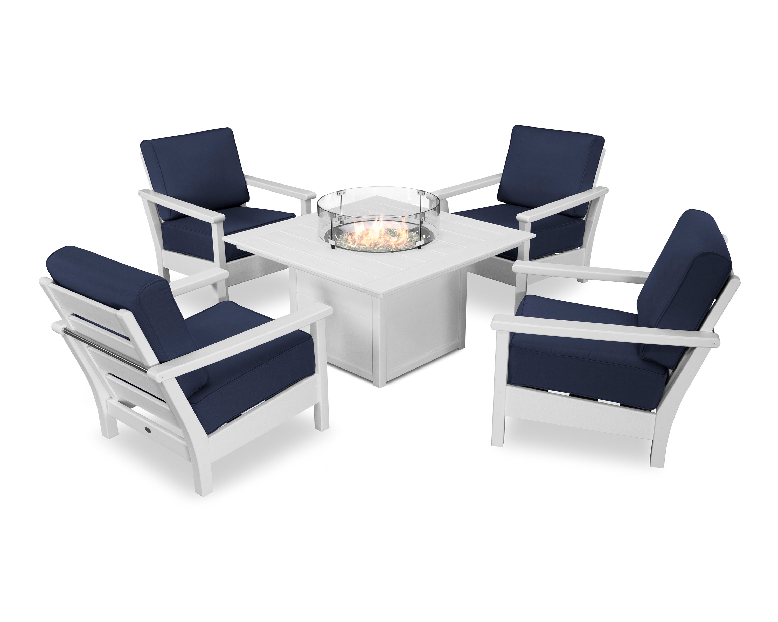 POLYWOOD Harbour 5-Piece Conversation Set with Fire Pit Table in White / Navy