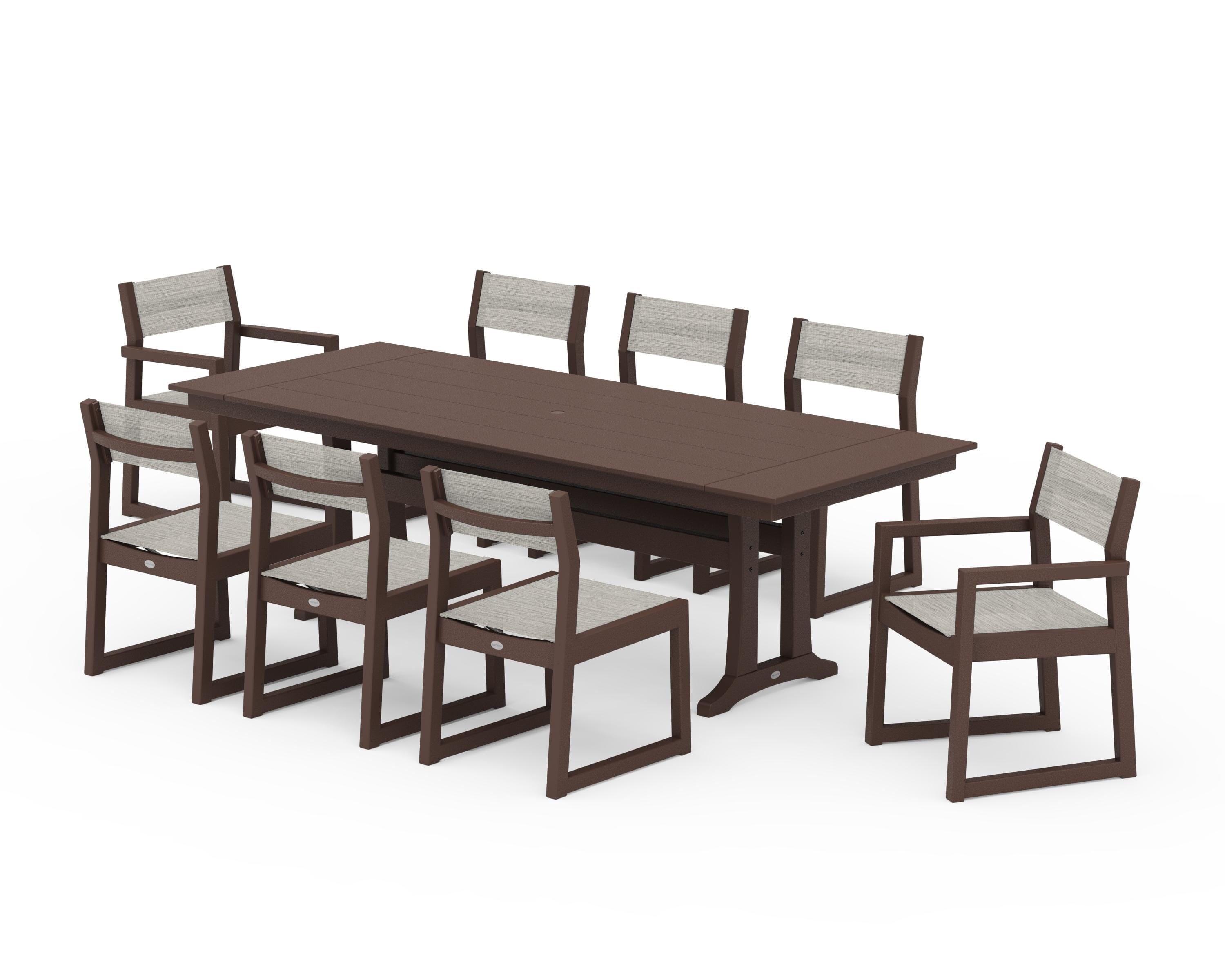 POLYWOOD EDGE Sling 9-Piece Farmhouse Trestle Dining Set in Mahogany / Birch Sling