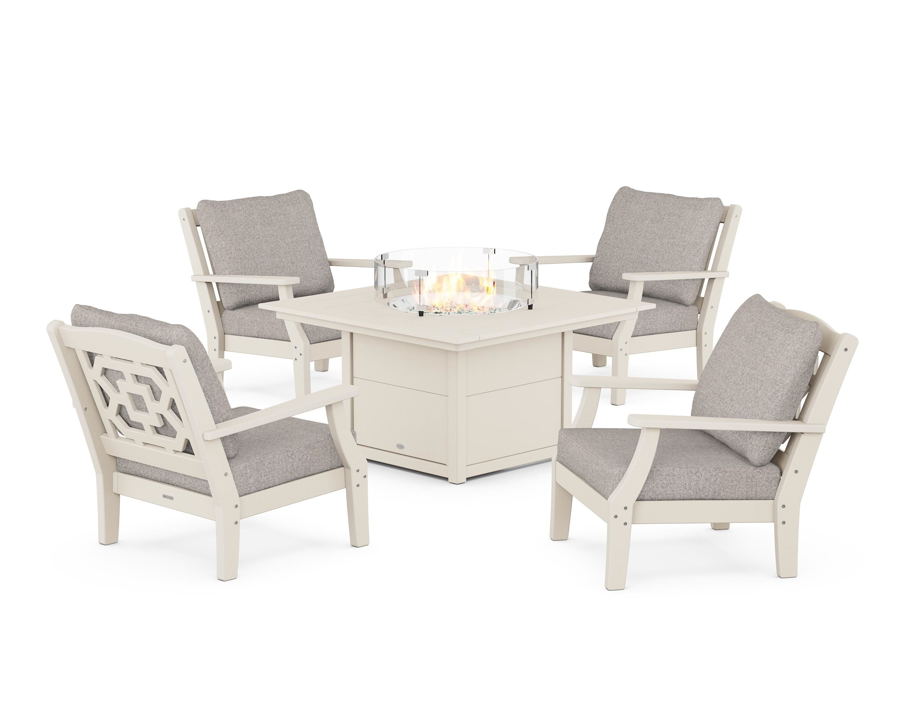 Martha Stewart by POLYWOOD Chinoiserie 5-Piece Deep Seating Set with Fire Pit Table in Sand / Weathered Tweed