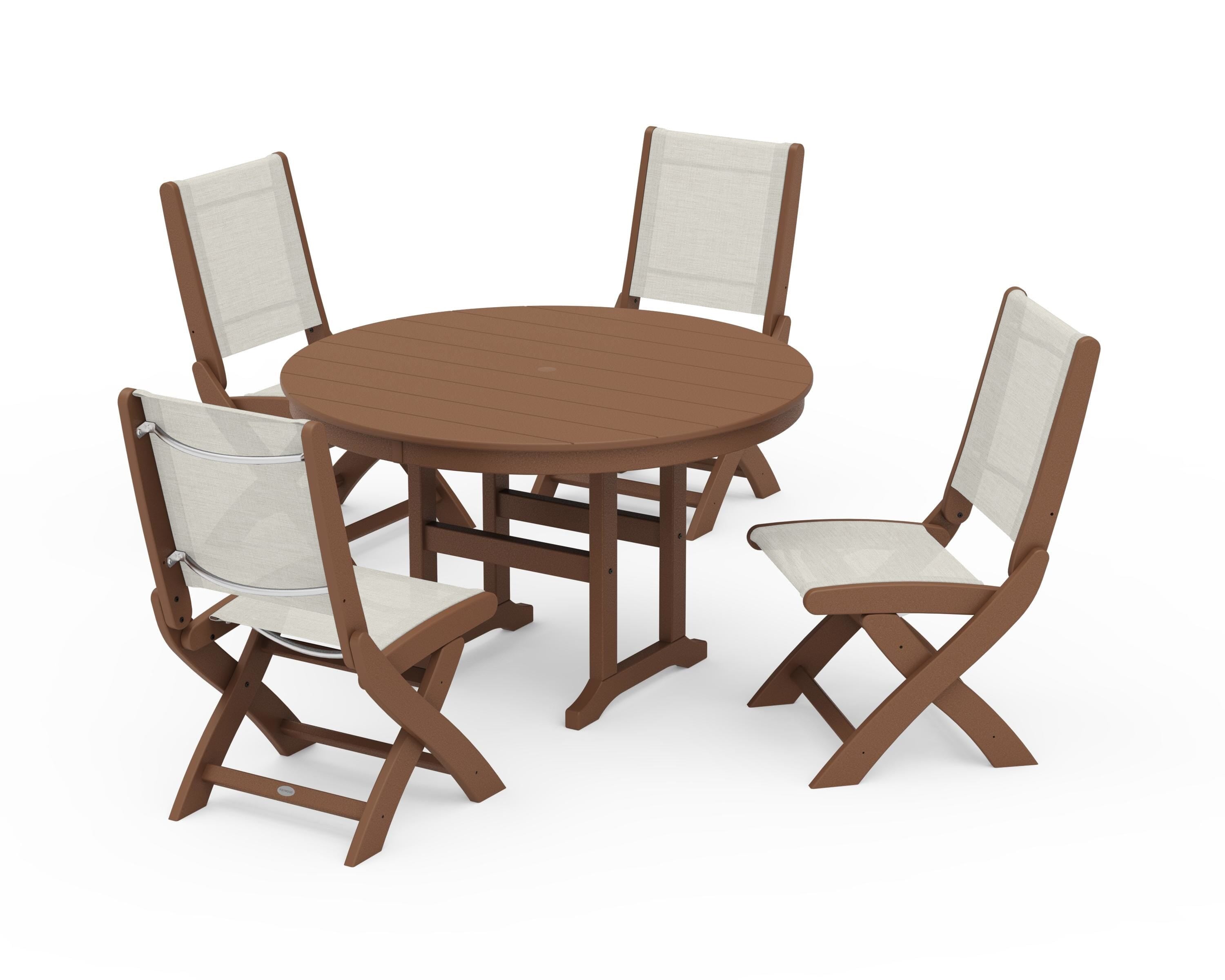 POLYWOOD Coastal Folding Side Chair 5-Piece Round Dining Set in Teak / Parchment Sling