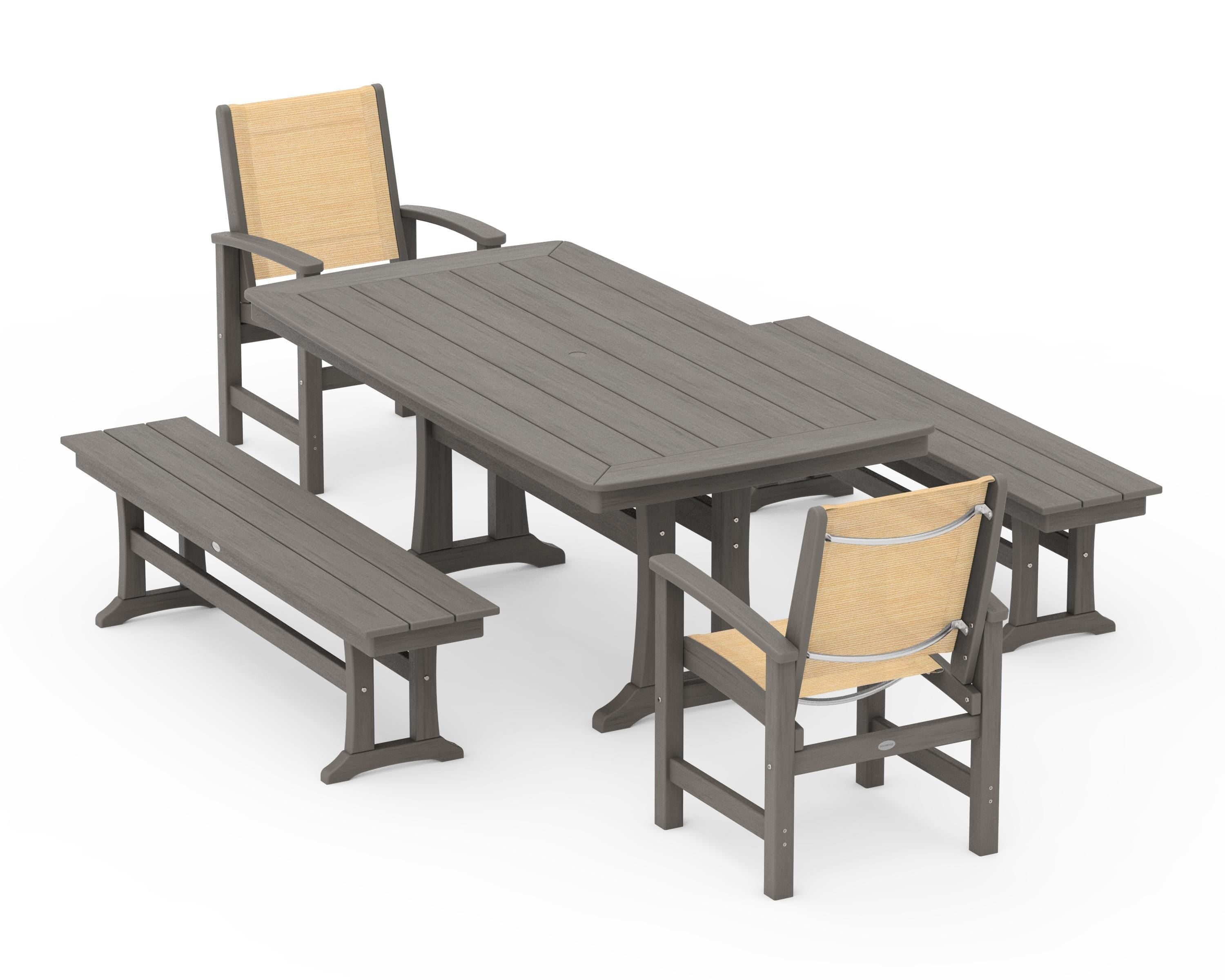 POLYWOOD Coastal 5-Piece Dining Set with Trestle Legs and Benches in Driftwood / Dupioni Apricot Sling