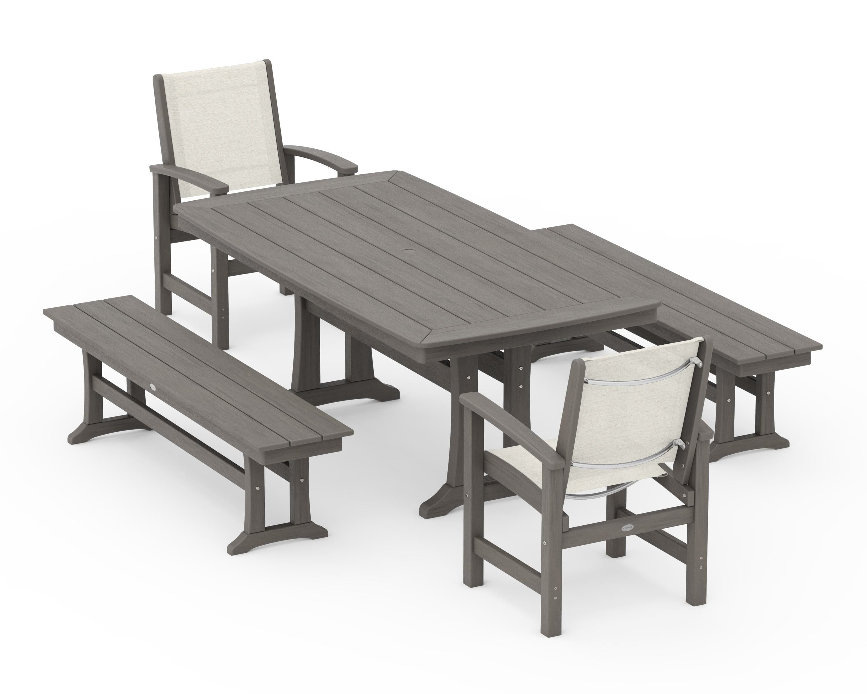 POLYWOOD Coastal 5-Piece Dining Set with Trestle Legs and Benches in Driftwood / Parchment Sling