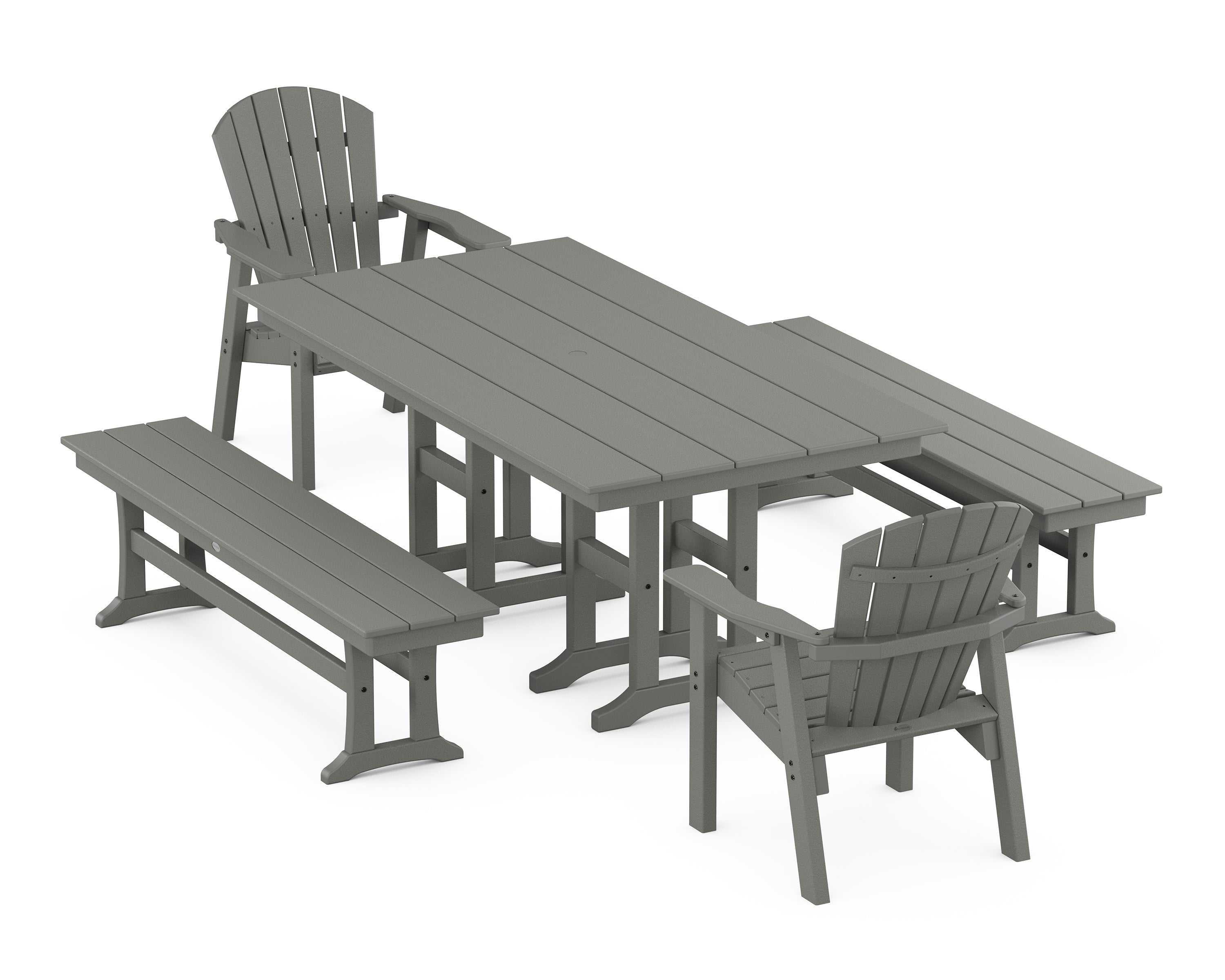 POLYWOOD® Seashell 5-Piece Farmhouse Dining Set with Benches in Slate Grey