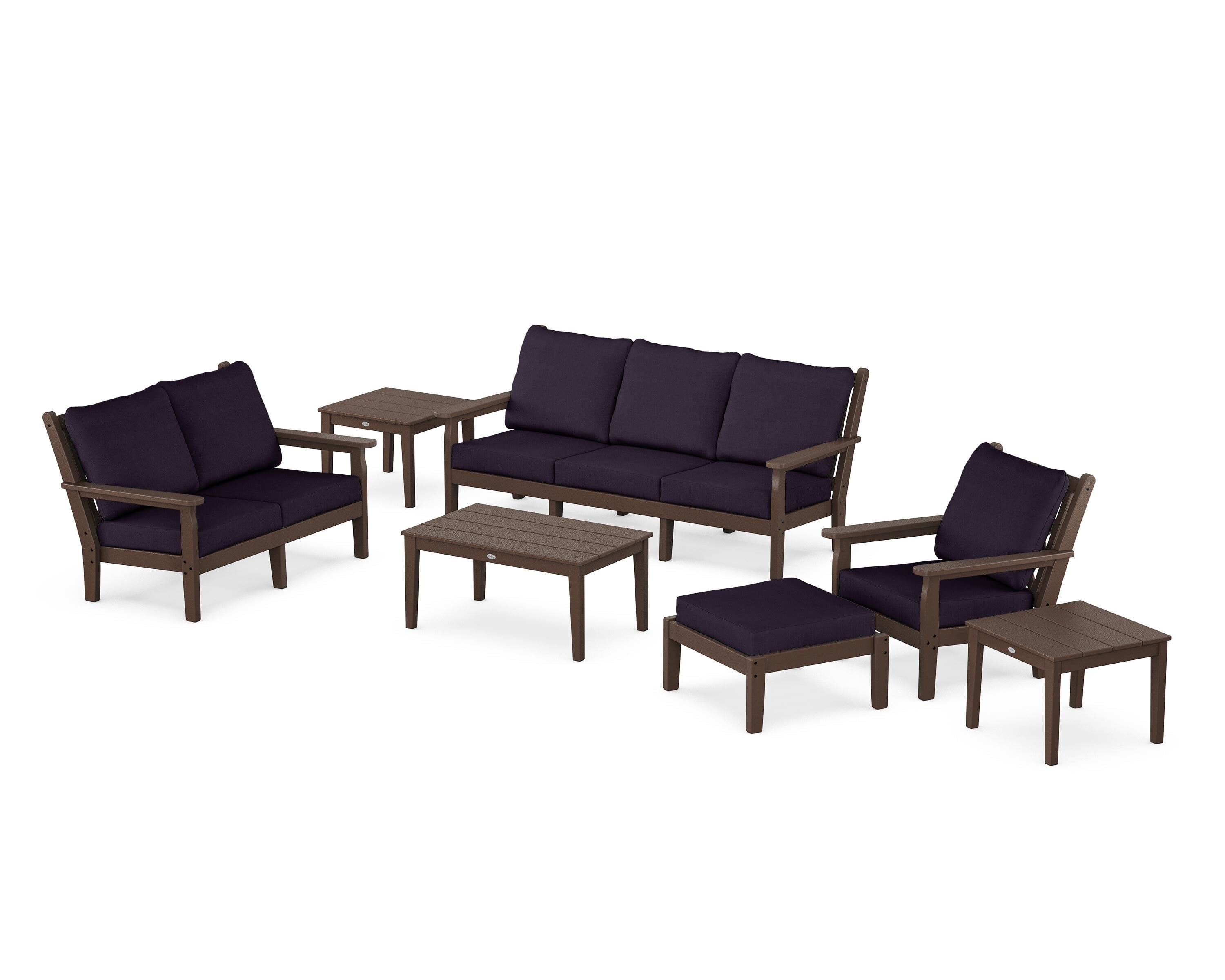 POLYWOOD Chippendale 7-Piece Deep Seating Set in Mahogany / Navy Linen