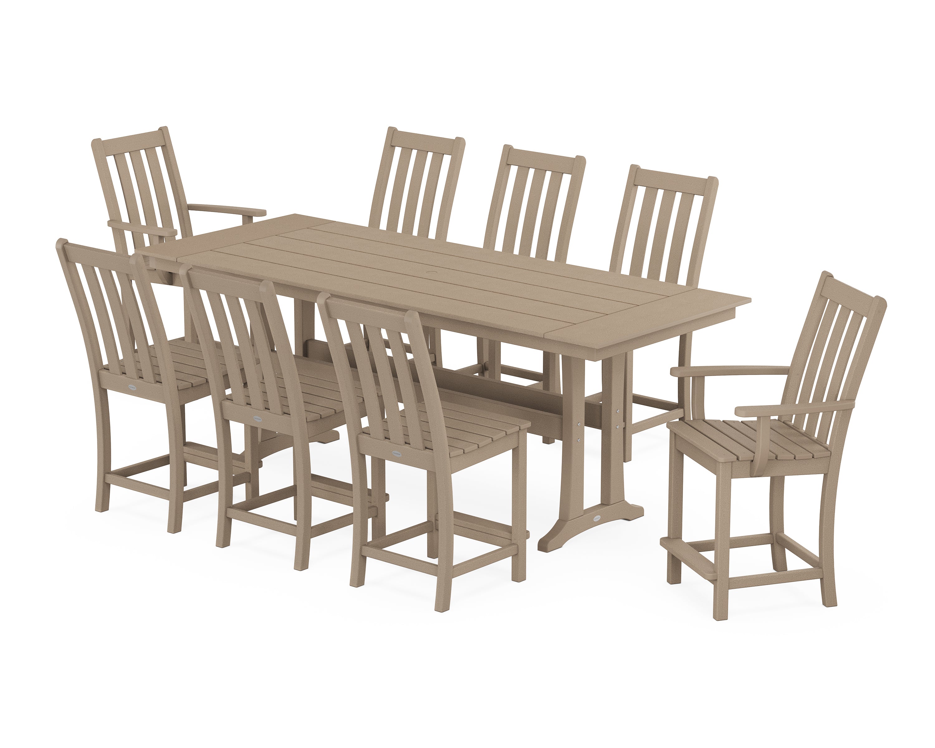 POLYWOOD® Vineyard 9-Piece Farmhouse Counter Set with Trestle Legs in Vintage Sahara