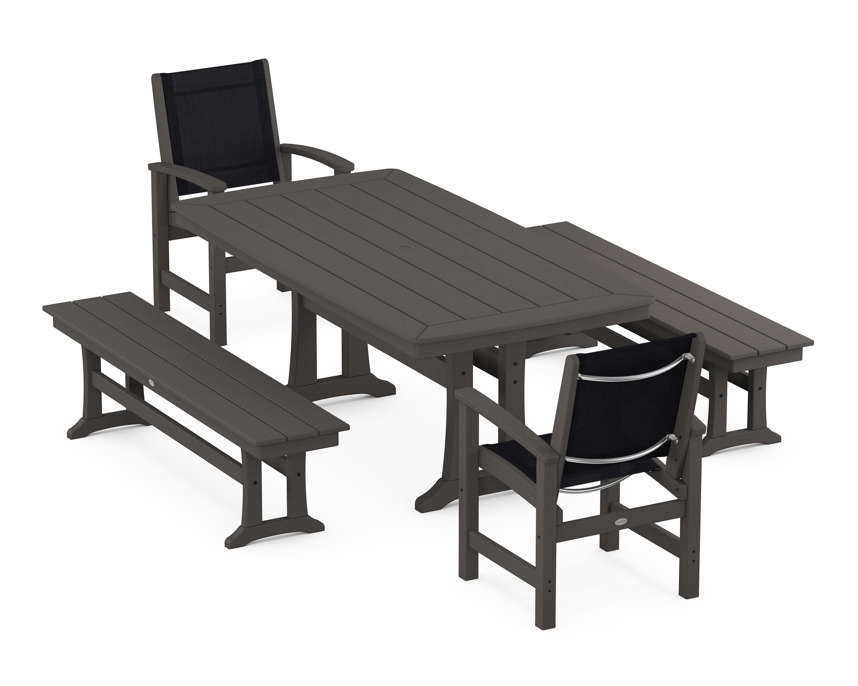 POLYWOOD Coastal 5-Piece Dining Set with Trestle Legs and Benches in Vintage Coffee / Black Sling
