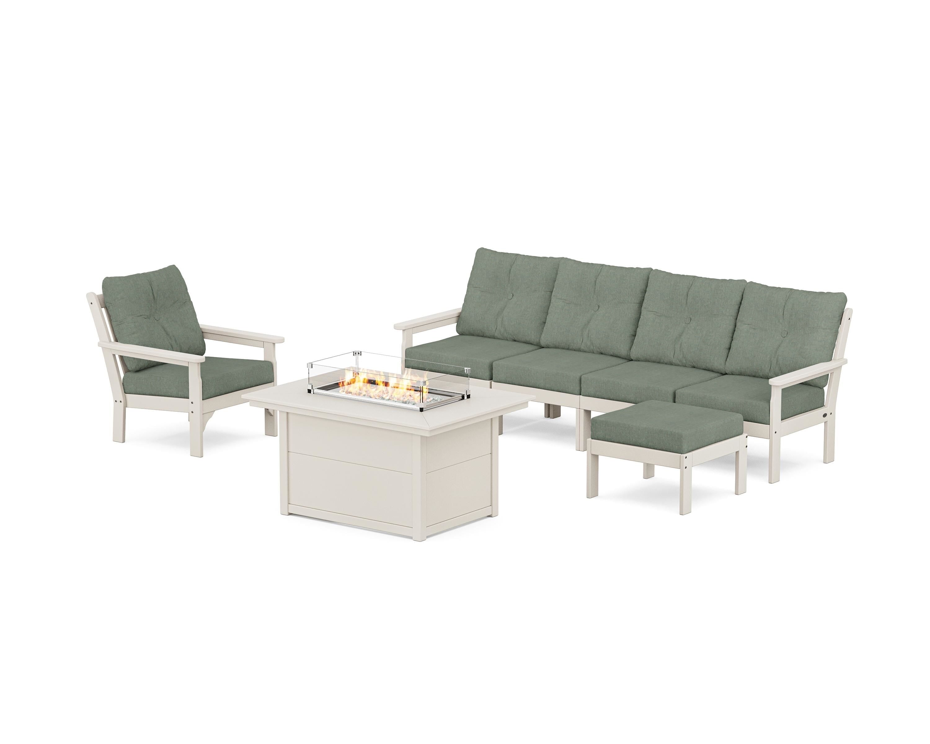 POLYWOOD Vineyard Sectional Lounge and Fire Pit Set in Sand / Cast Sage