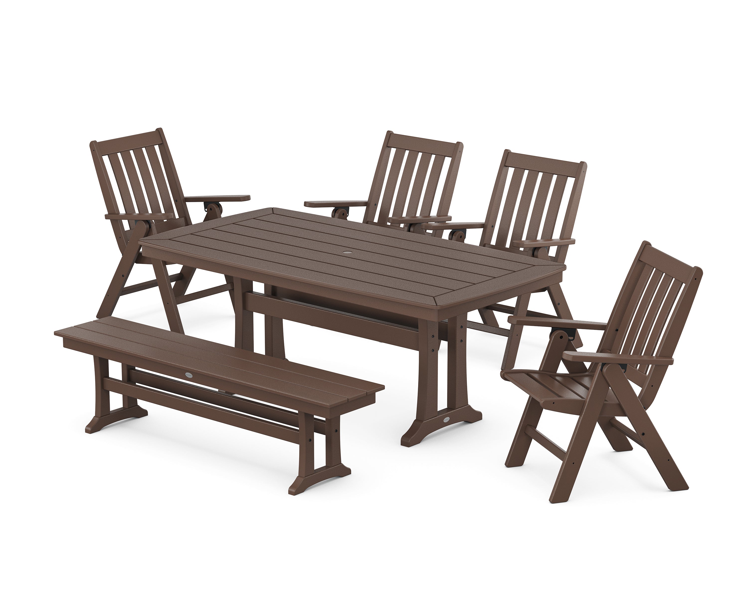 POLYWOOD Vineyard Folding Chair 6-Piece Dining Set with Trestle Legs and Bench in Mahogany