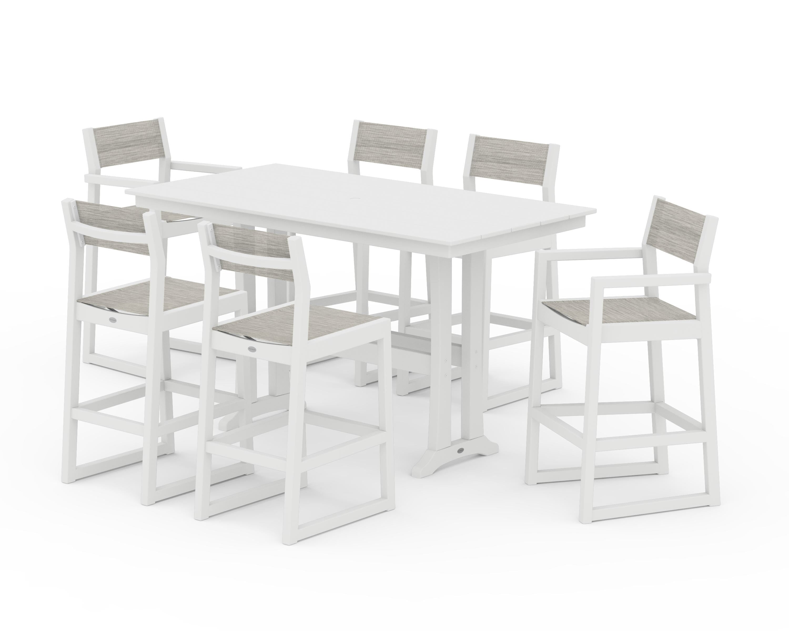 POLYWOOD EDGE Sling 7-Piece Farmhouse Bar Set with Trestle Legs in White / Birch Sling
