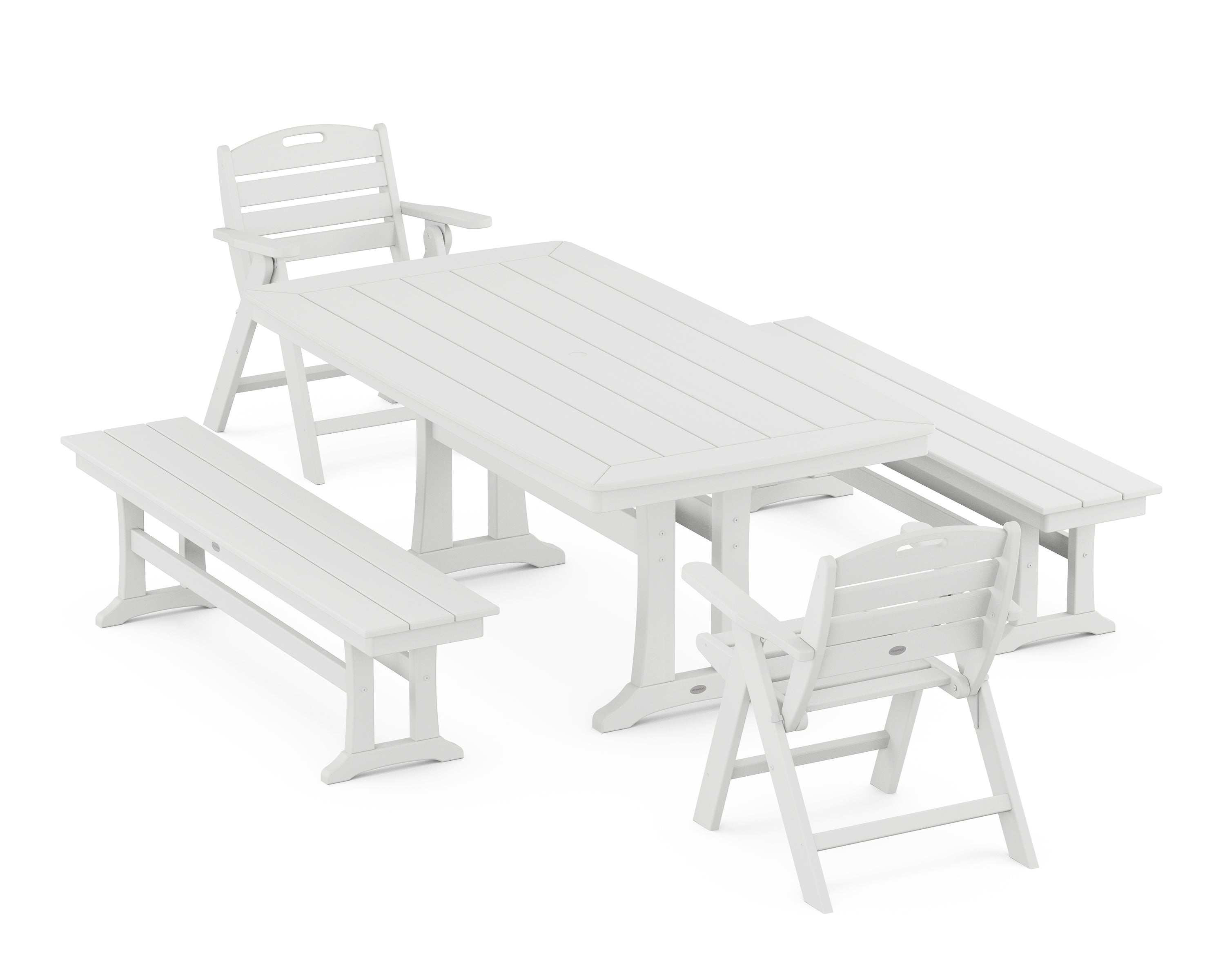 POLYWOOD® Nautical Folding Lowback Chair 5-Piece Dining Set with Trestle Legs and Benches in White