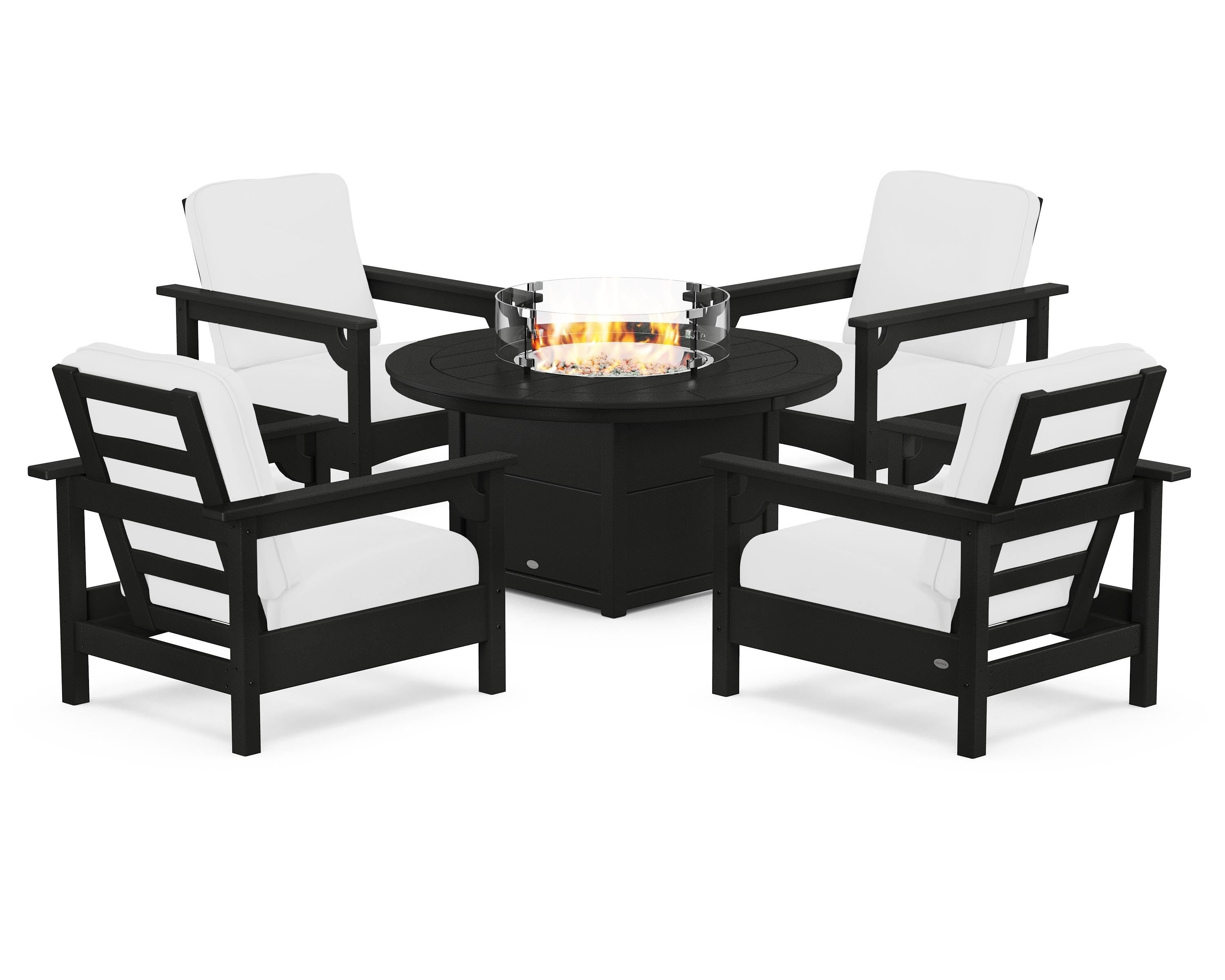 POLYWOOD Club 5-Piece Conversation Set with Fire Pit Table in Black / Natural