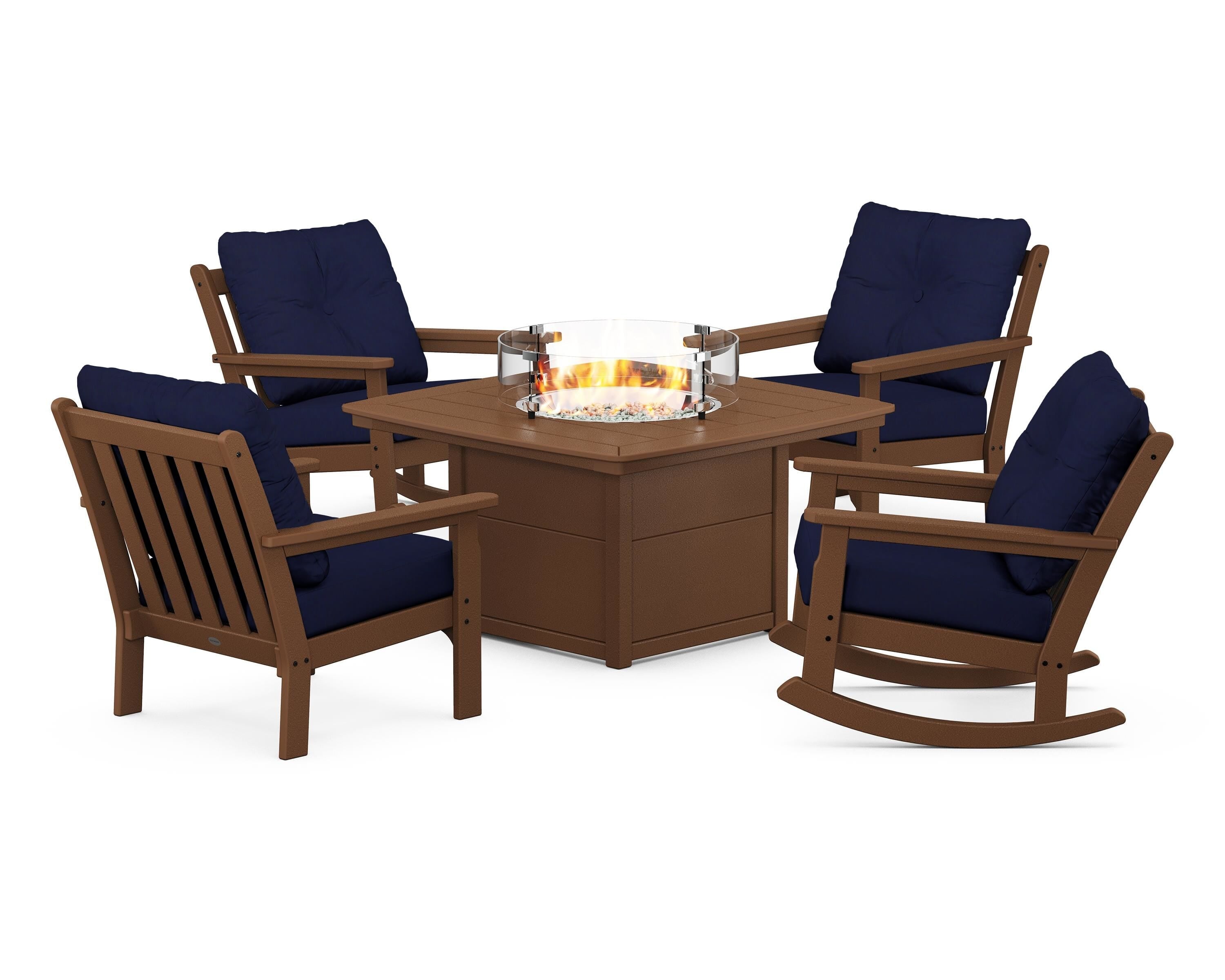 POLYWOOD Vineyard 5-Piece Deep Seating Rocking Chair Conversation Set with Fire Pit Table in Teak / Navy