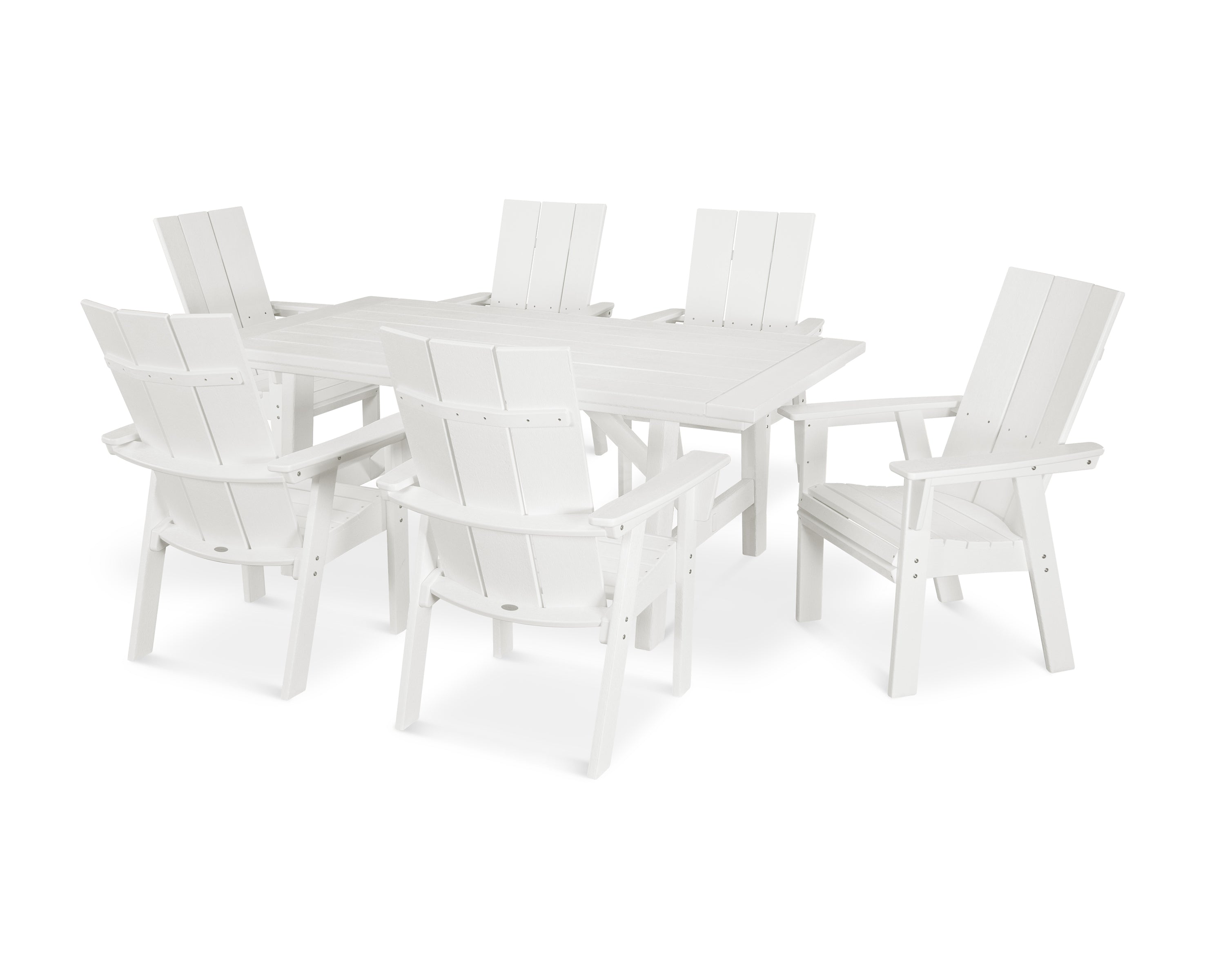 POLYWOOD® Modern Curveback Adirondack 7-Piece Rustic Farmhouse Dining Set in Vintage White