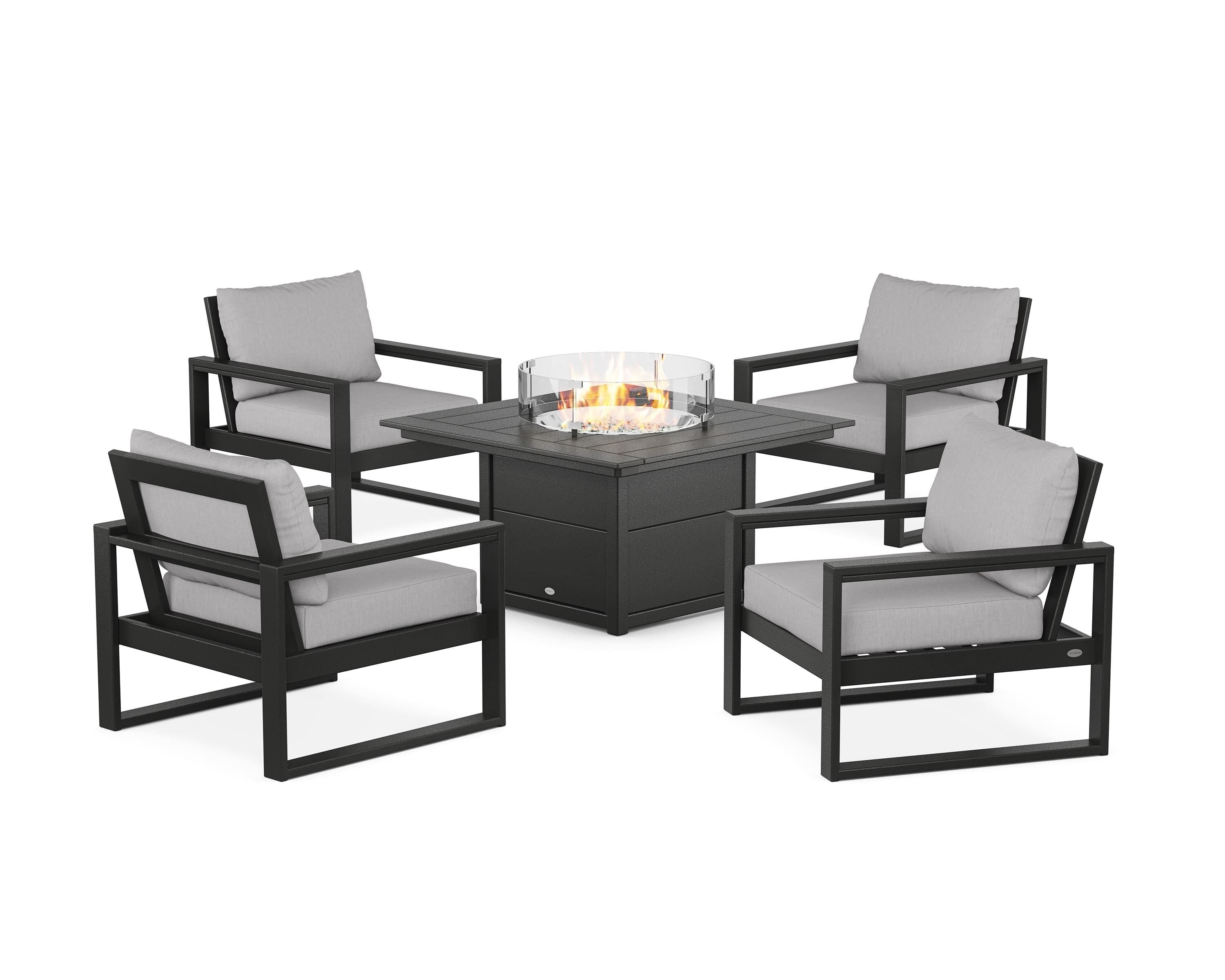 POLYWOOD EDGE Sectional 5-Piece Deep Seating Set with Fire Pit Table in Black / Granite