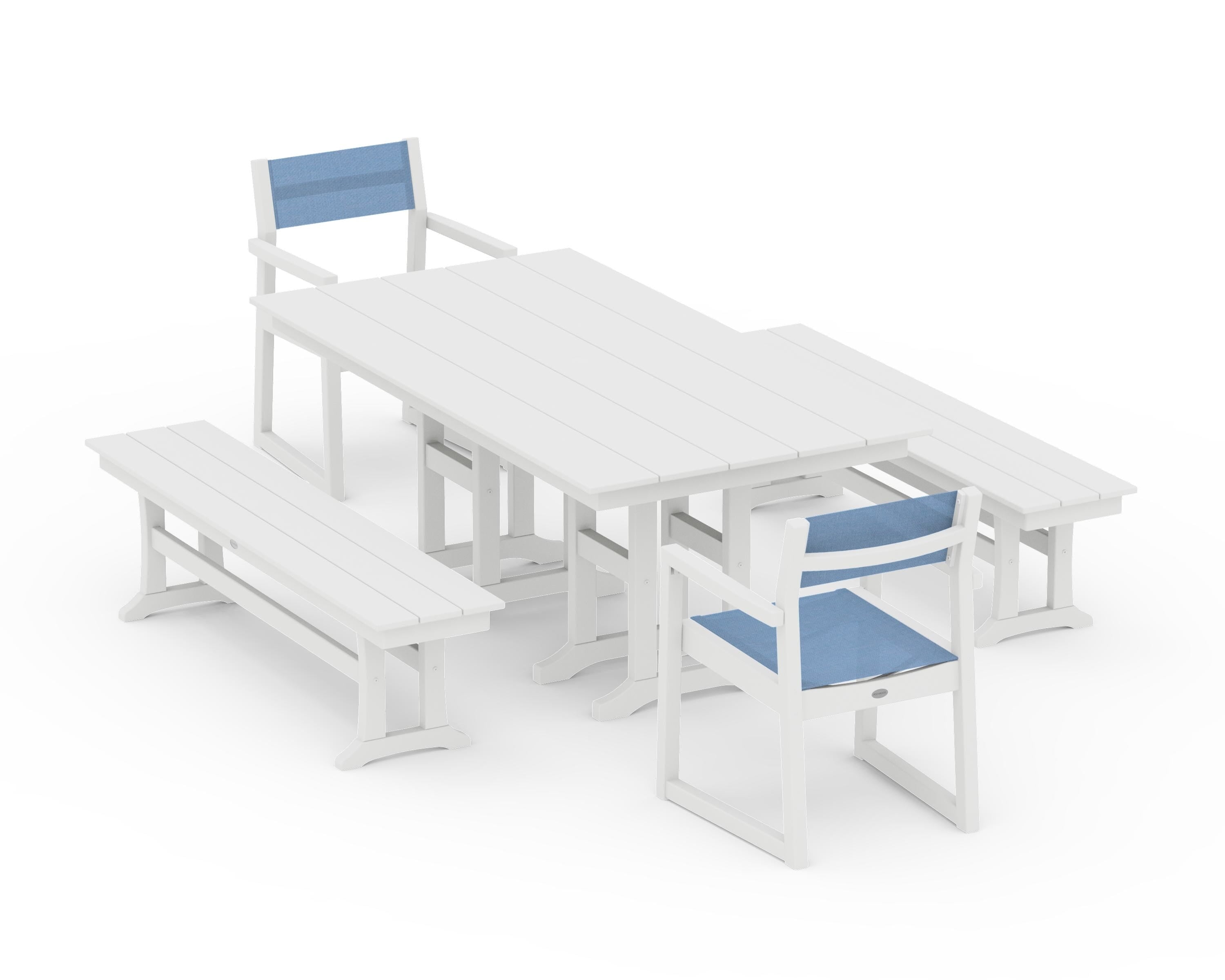 POLYWOOD EDGE Sling Arm Chair 5-Piece Farmhouse Dining Set with Benches in White / Poolside Sling