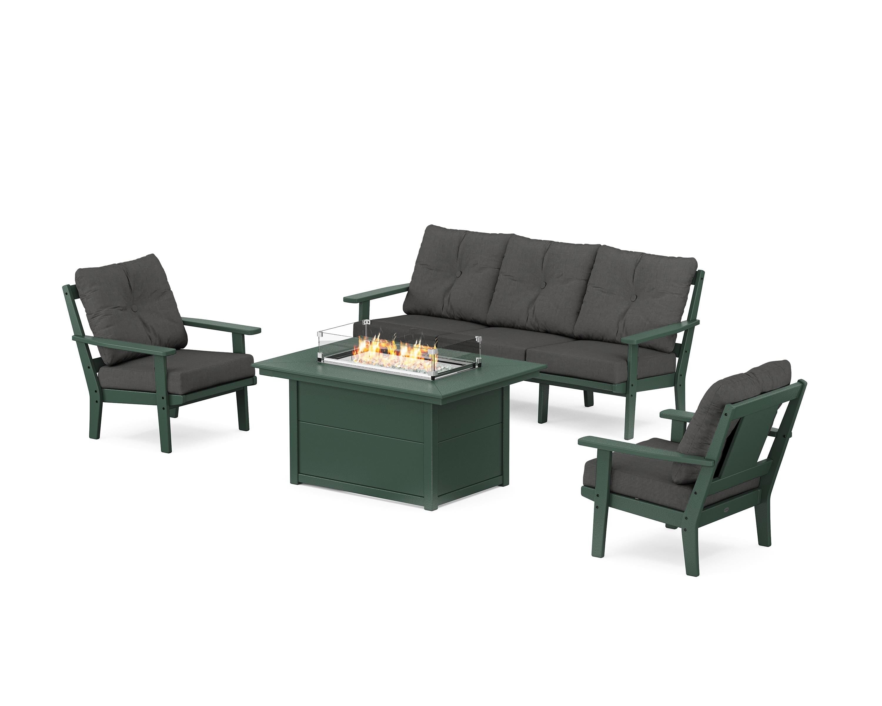 POLYWOOD Prairie Deep Seating Fire Pit Table Set in Green / Spectrum Carbon