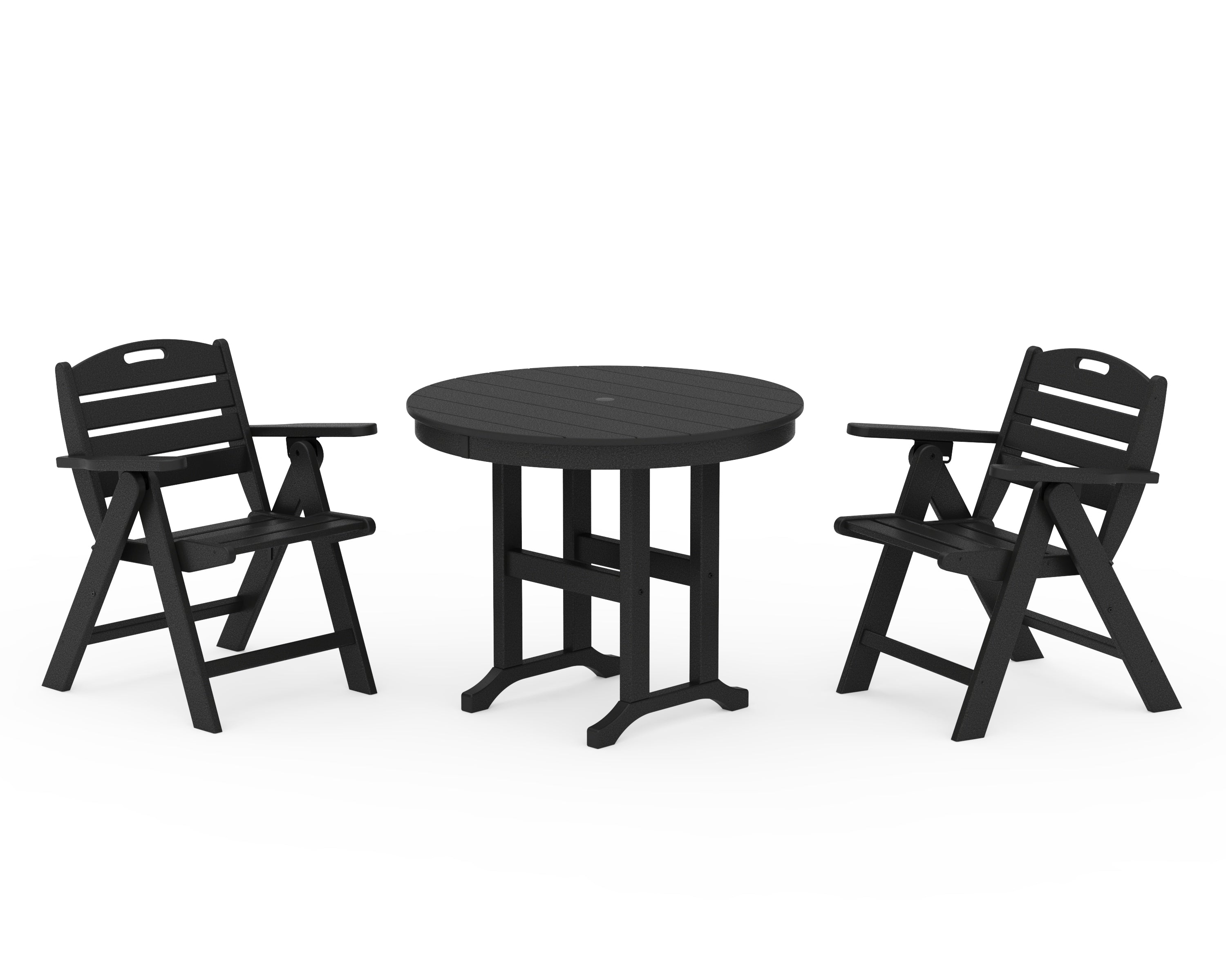 POLYWOOD Nautical Folding Lowback Chair 3-Piece Round Dining Set in Black