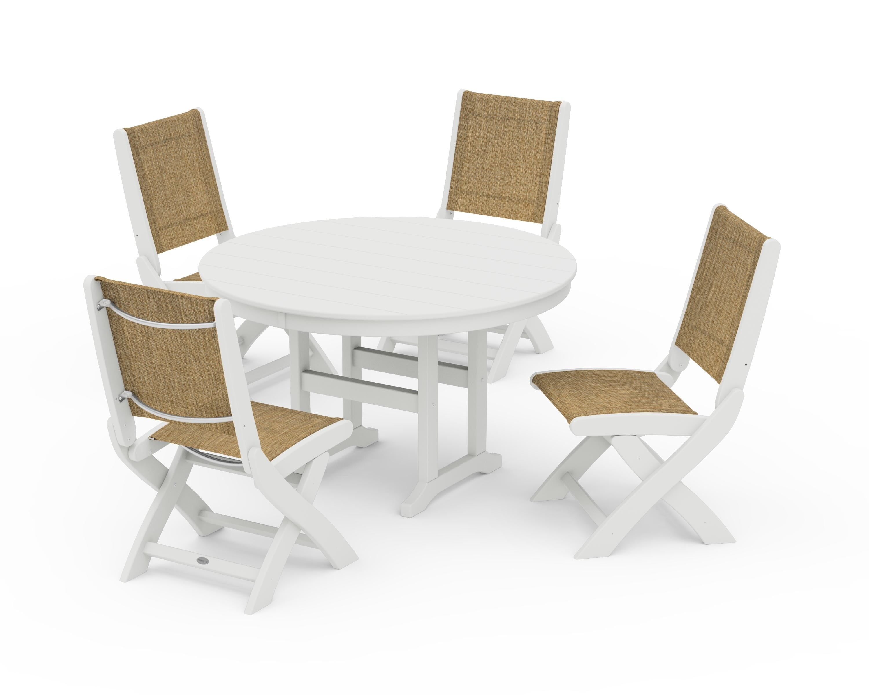 POLYWOOD Coastal Folding Side Chair 5-Piece Round Dining Set in Vintage White / Burlap Sling
