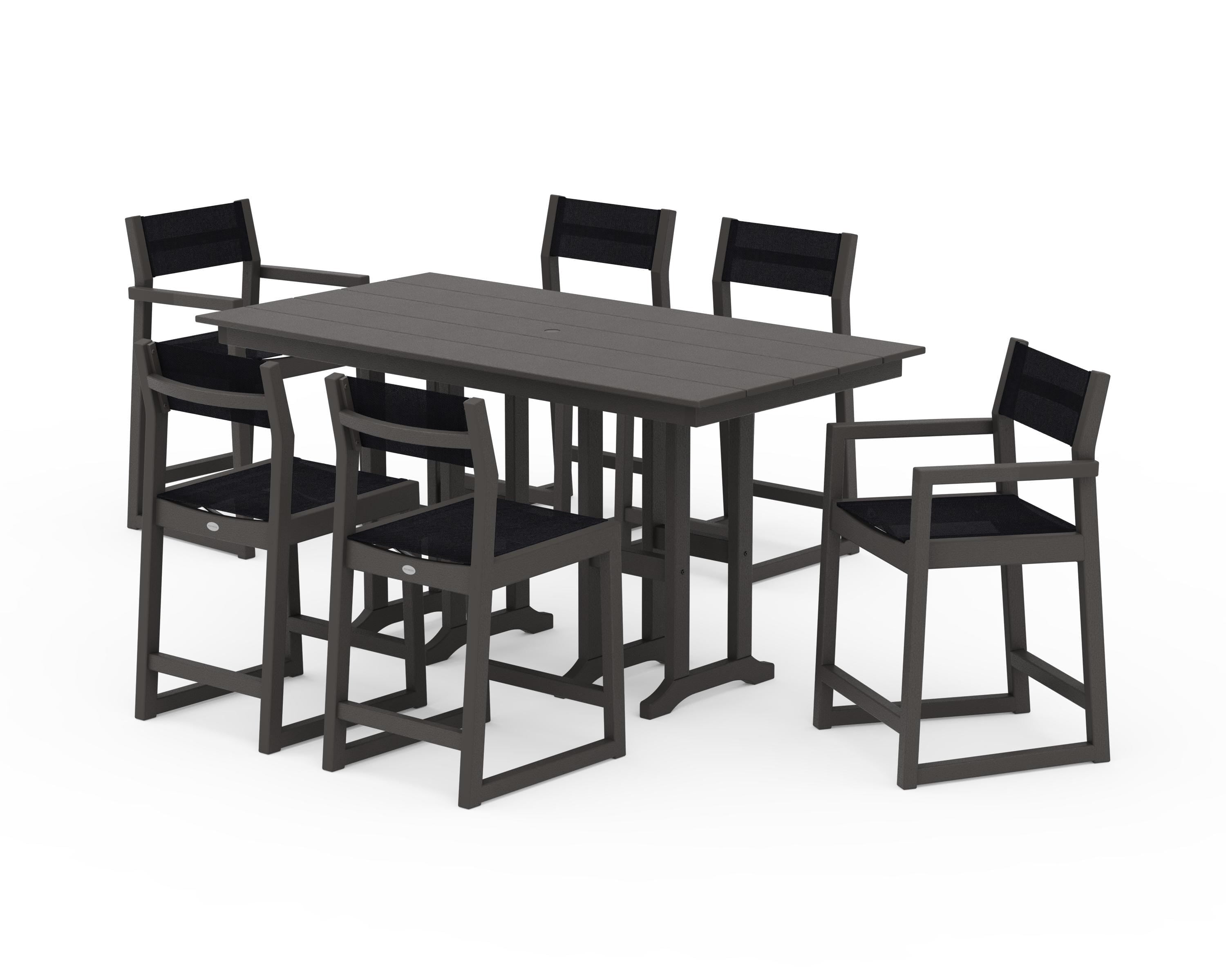 POLYWOOD EDGE Sling 7-Piece Farmhouse Counter Set with Trestle Legs in Vintage Coffee / Black Sling
