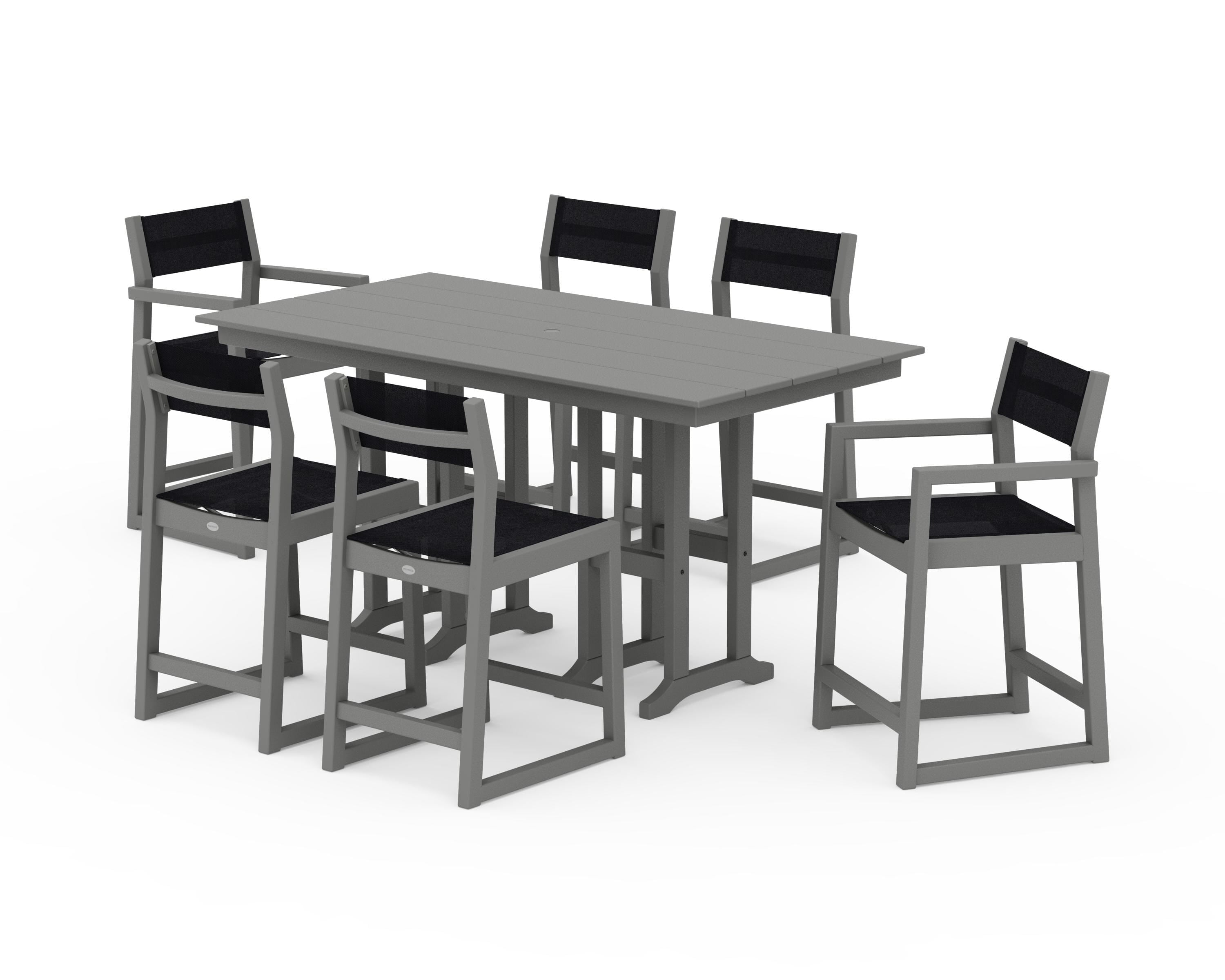 POLYWOOD EDGE Sling 7-Piece Farmhouse Counter Set in Slate Grey / Black Sling