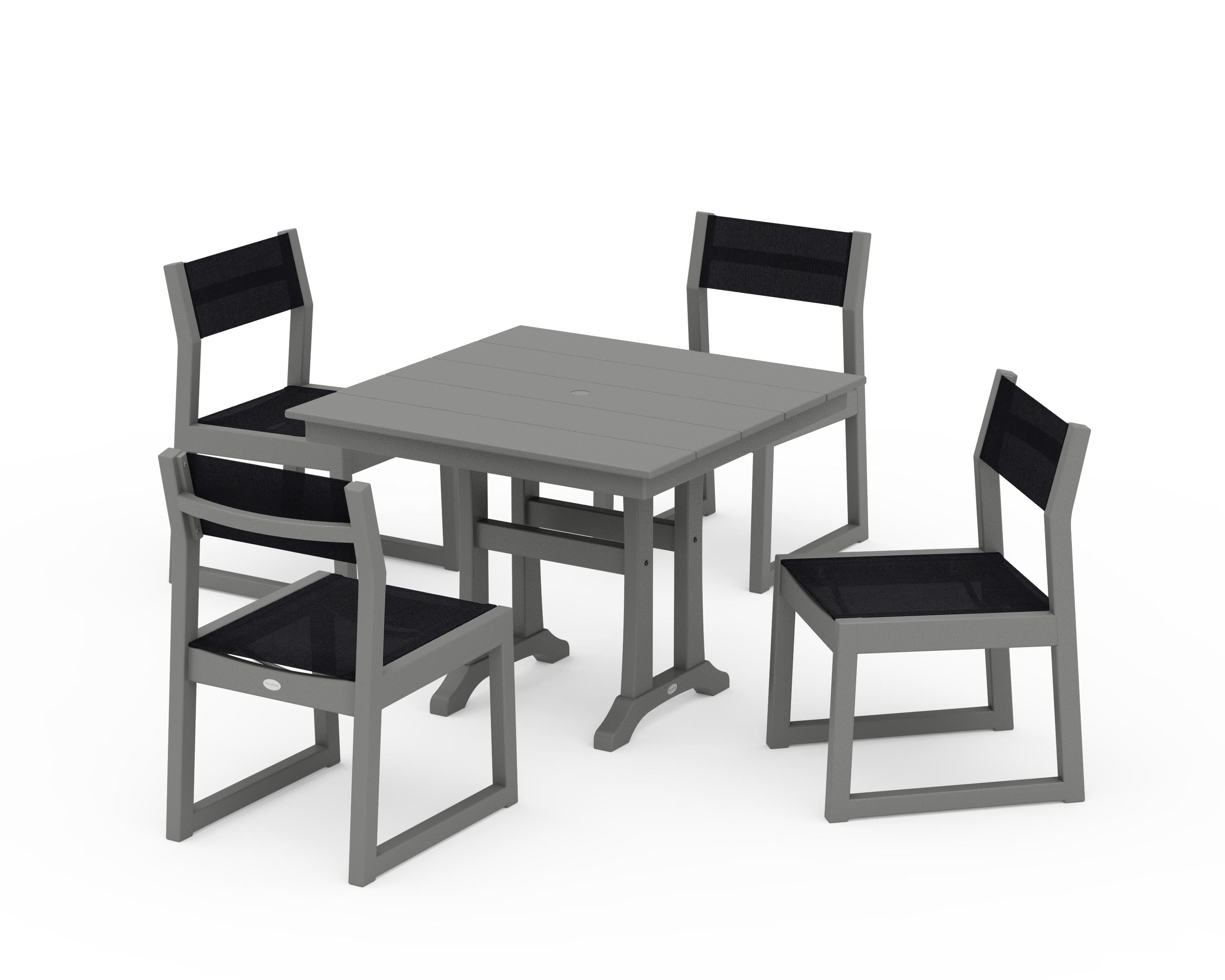 POLYWOOD EDGE Sling 5-Piece Farmhouse Trestle Side Chair Dining Set in Slate Grey / Black Sling
