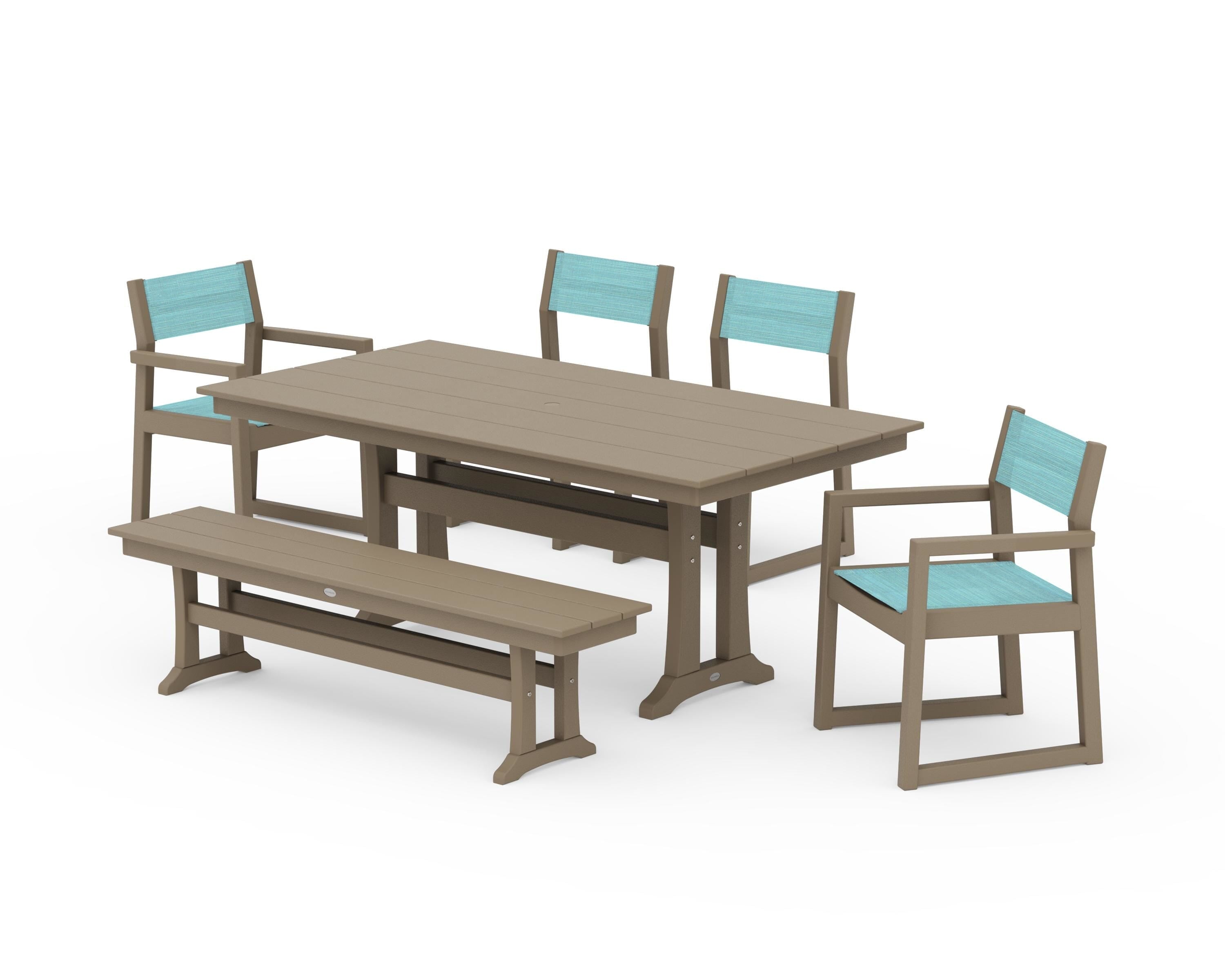 POLYWOOD EDGE Sling 6-Piece Farmhouse Dining Set With Trestle Legs in Vintage Sahara / Dupioni Aquamarine Sling
