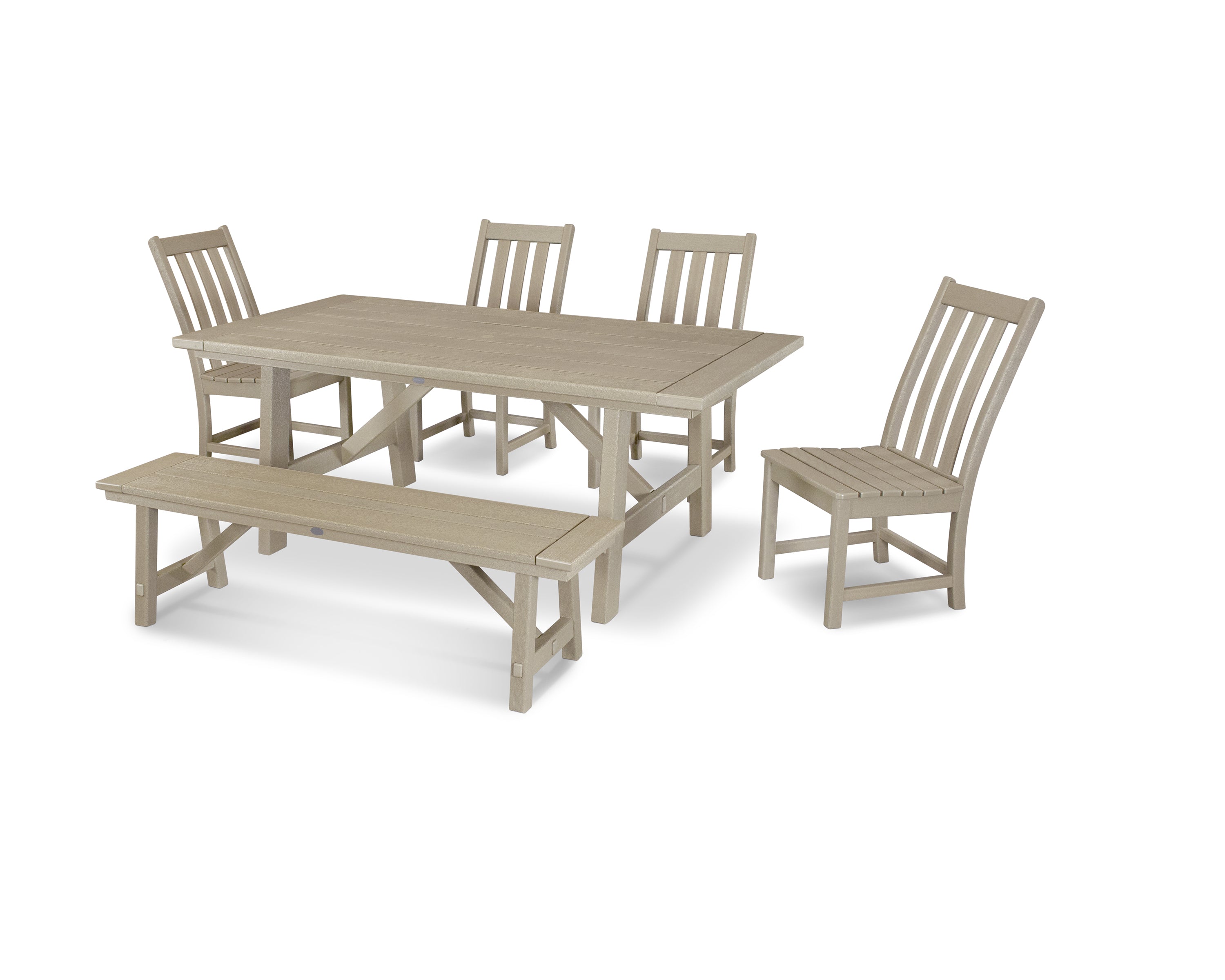 POLYWOOD® Vineyard 6-Piece Rustic Farmhouse Side Chair Dining Set with Bench in Vintage Sahara