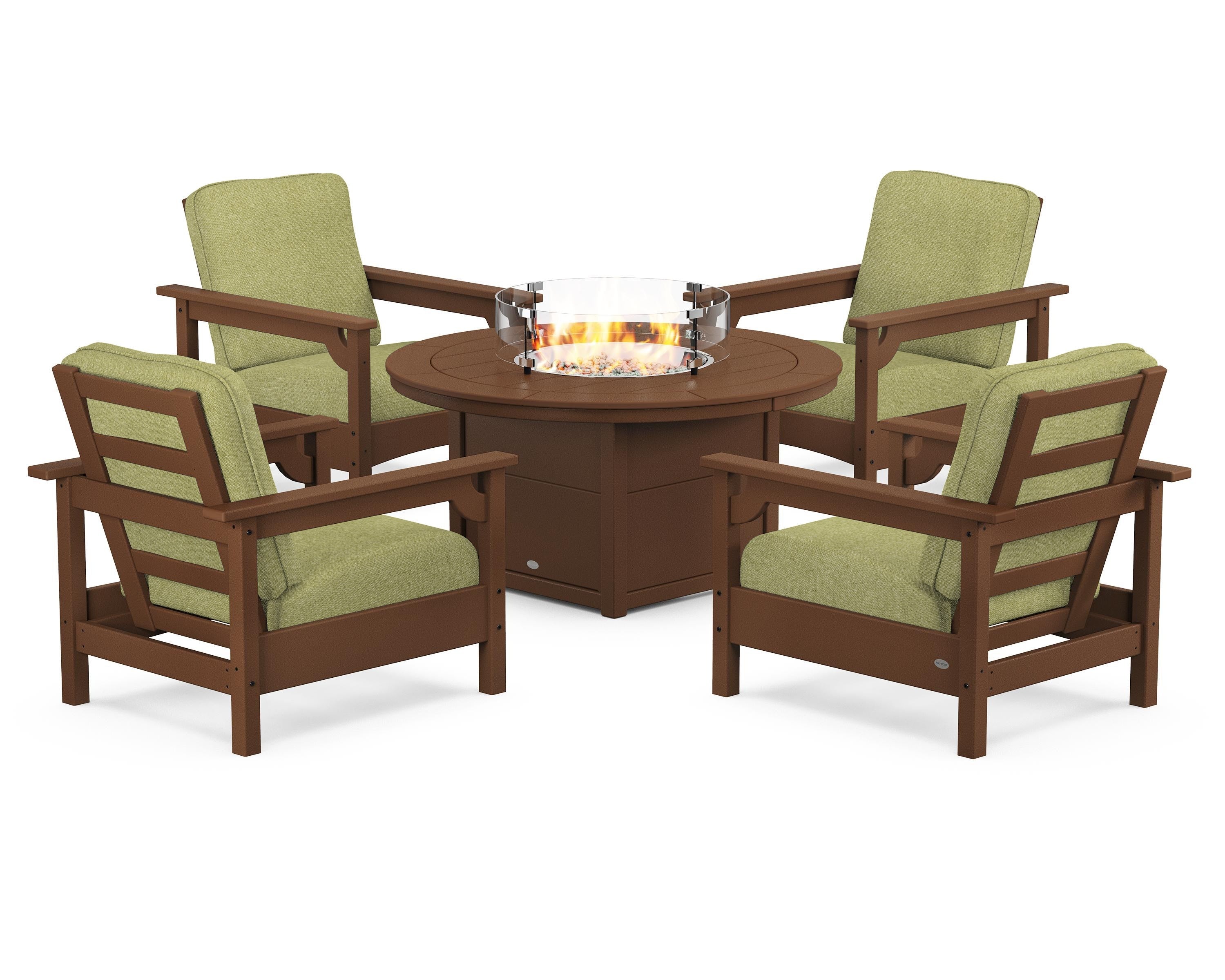 POLYWOOD Club 5-Piece Conversation Set with Fire Pit Table in Teak / Chartreuse Boucle