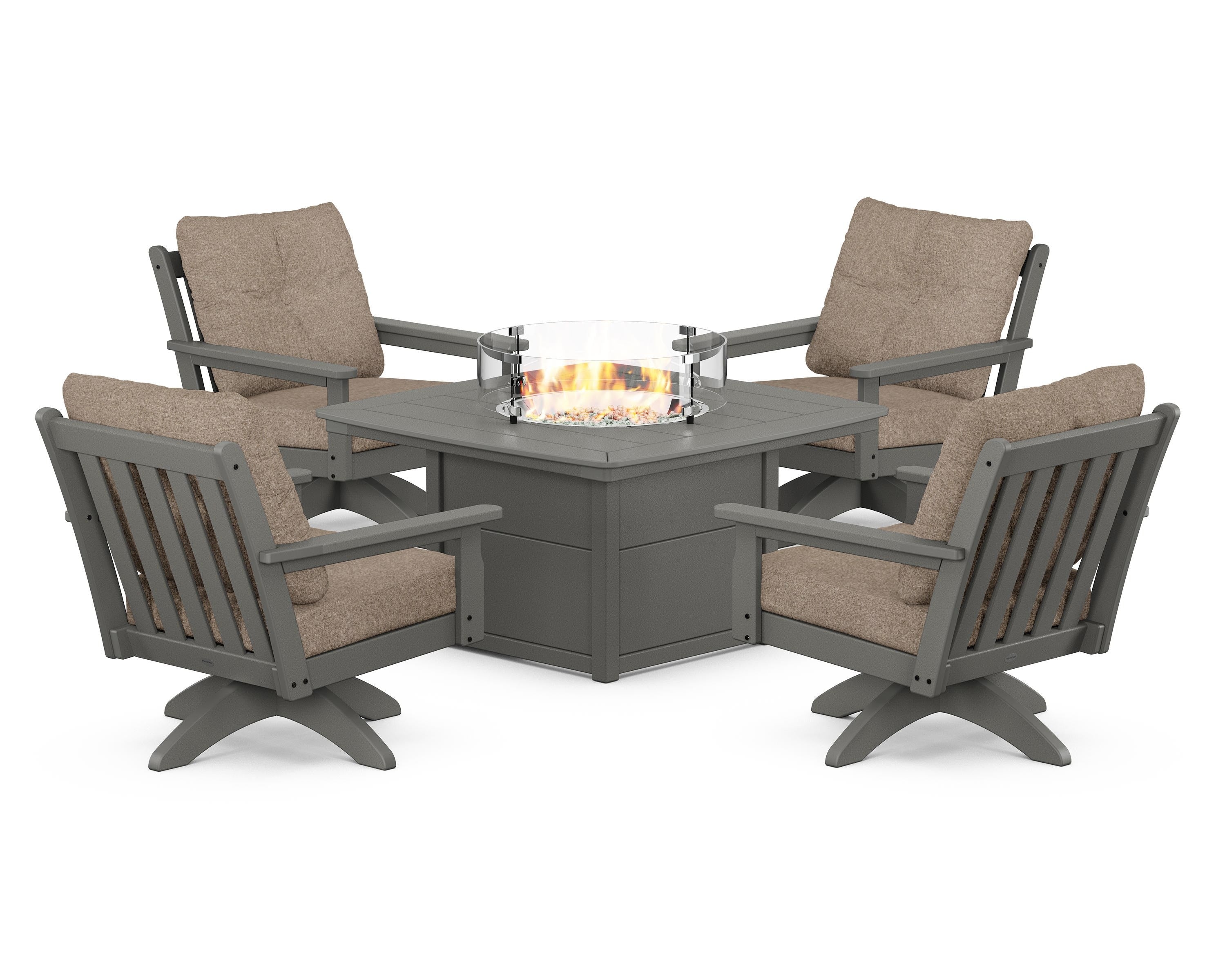 POLYWOOD Vineyard 5-Piece Deep Seating Swivel Conversation Set with Fire Pit Table in Slate Grey / Spiced Burlap