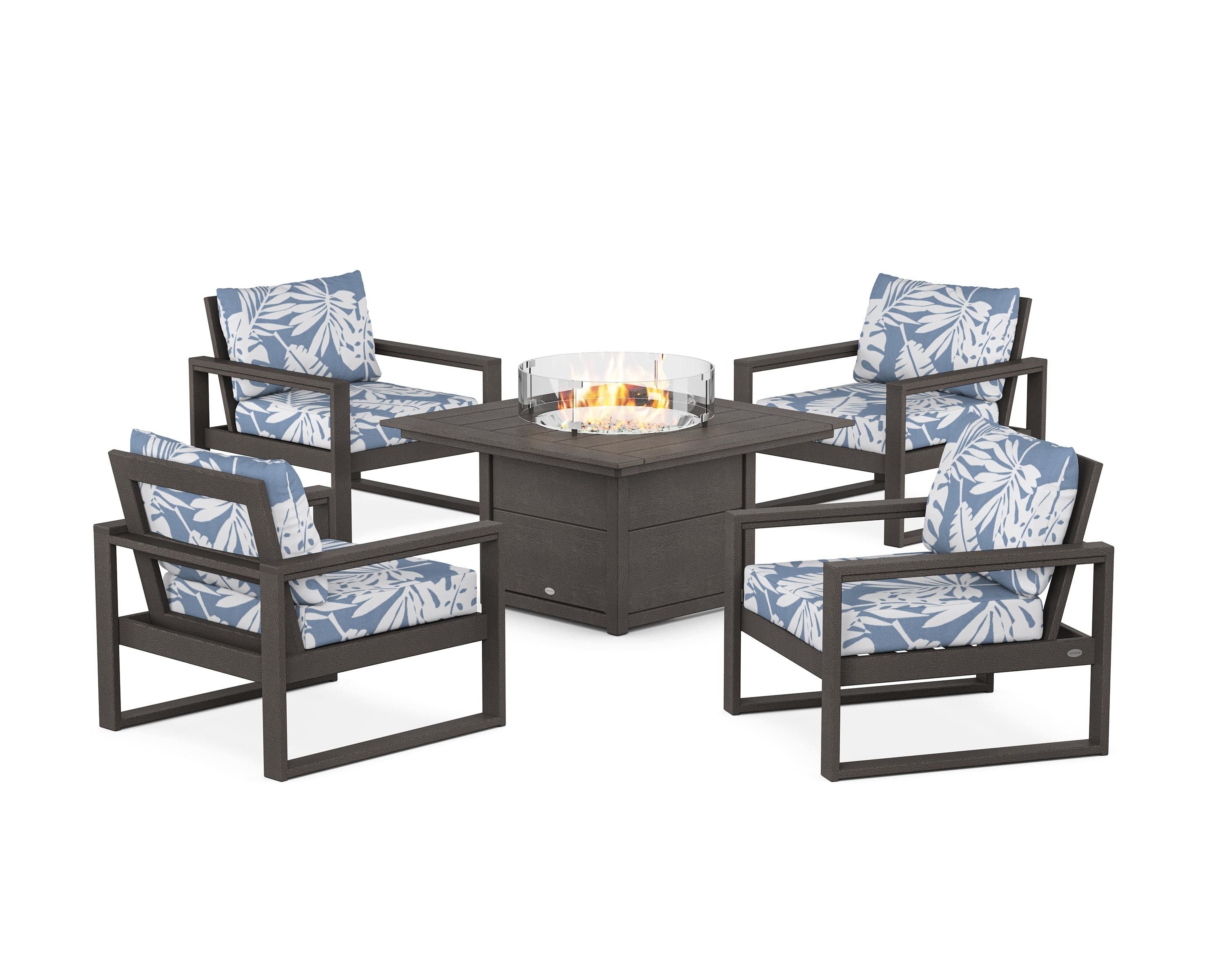POLYWOOD EDGE Sectional 5-Piece Deep Seating Set with Fire Pit Table in Vintage Coffee / Leaf Sky Blue
