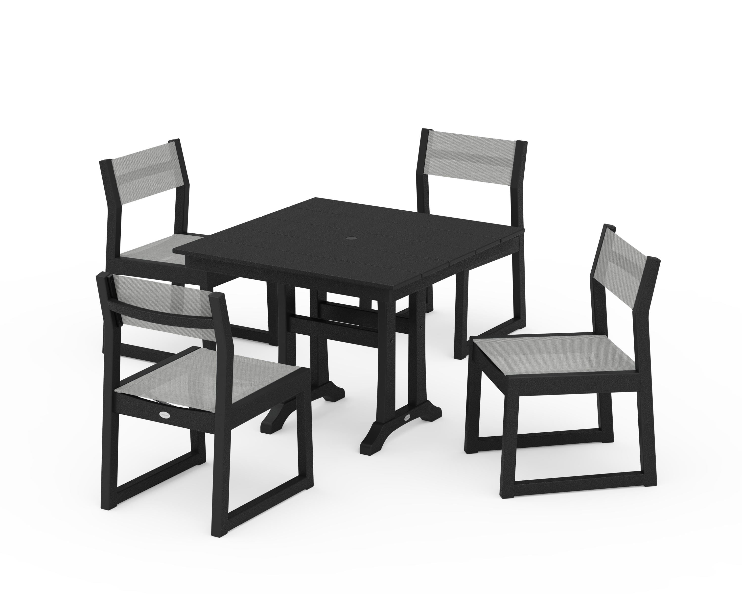 POLYWOOD EDGE Sling 5-Piece Farmhouse Trestle Side Chair Dining Set in Black / Metallic Sling