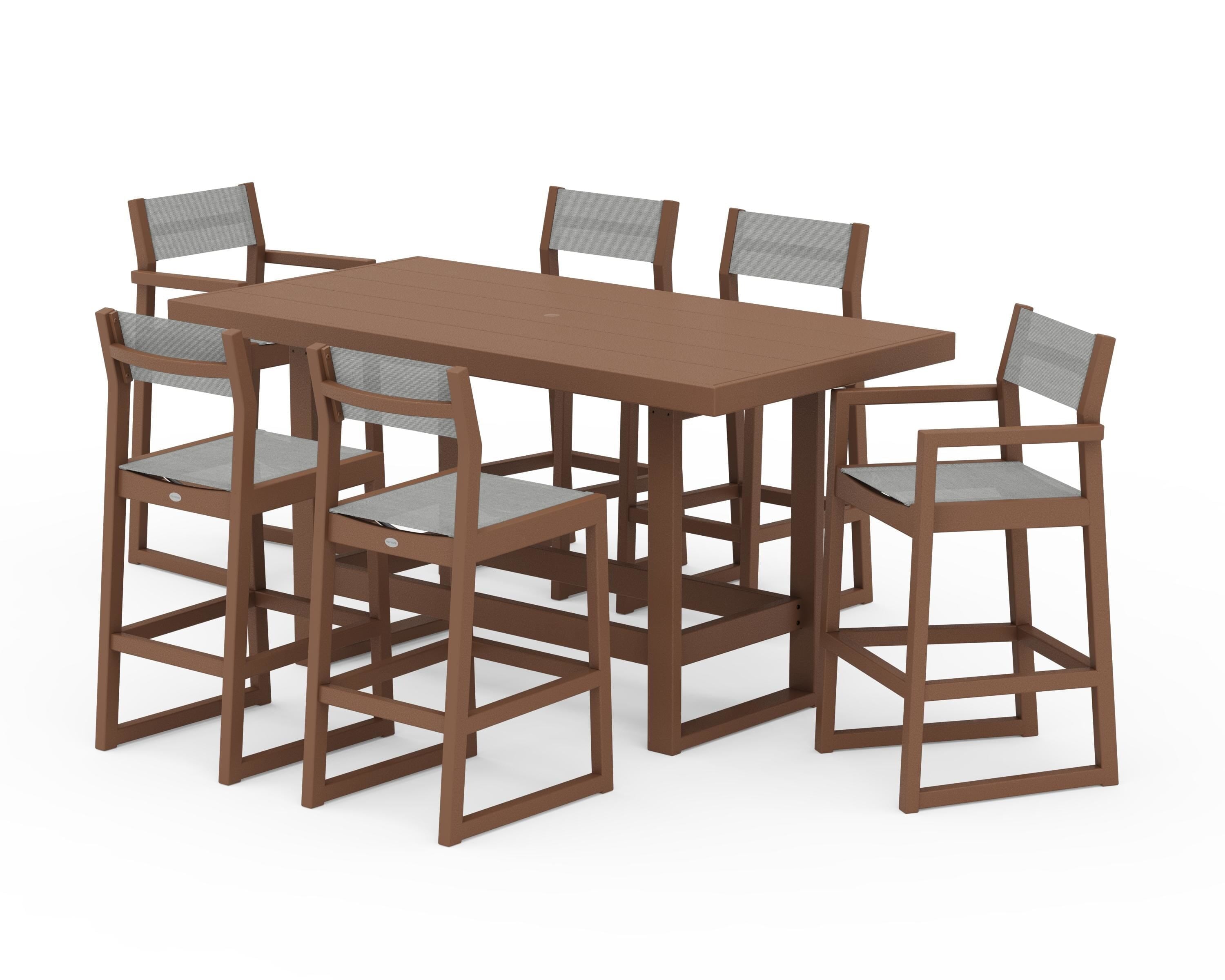 POLYWOOD EDGE Sling 7-Piece Bar Table Set in Teak / Metallic Sling
