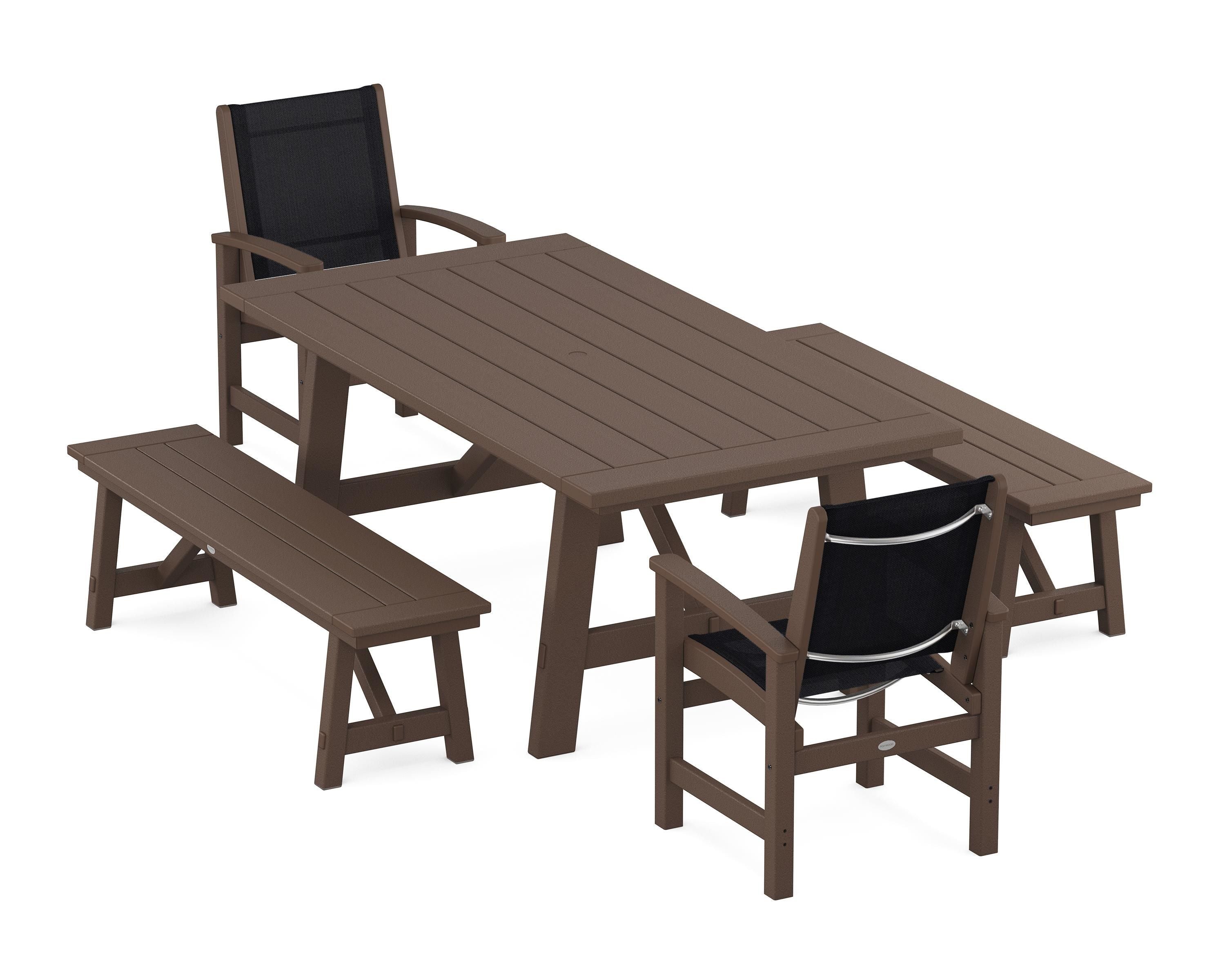 POLYWOOD Coastal 5-Piece Rustic Farmhouse Dining Set With Benches in Mahogany / Black Sling