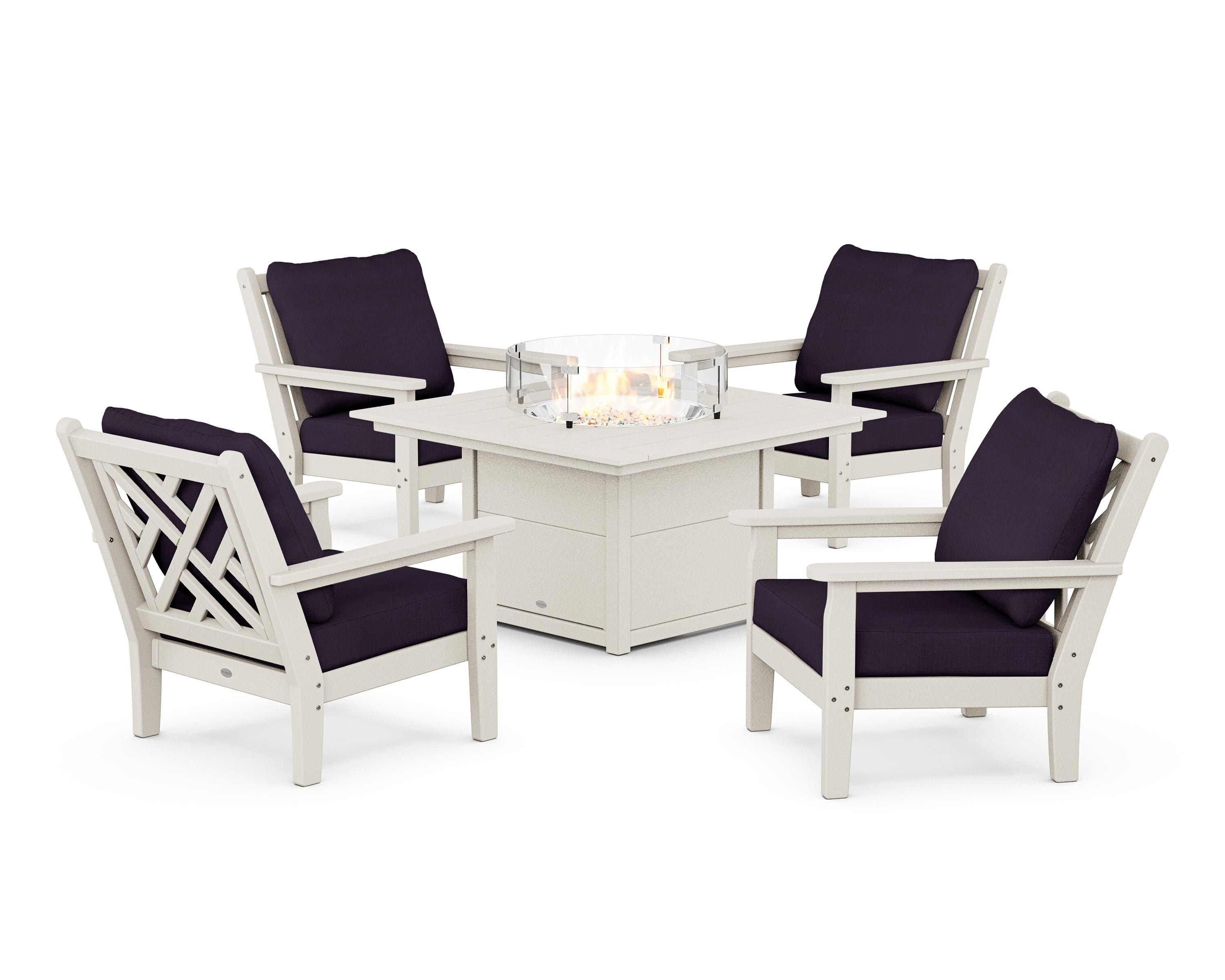 POLYWOOD Chippendale 5-Piece Deep Seating Set with Fire Pit Table in Sand / Navy Linen