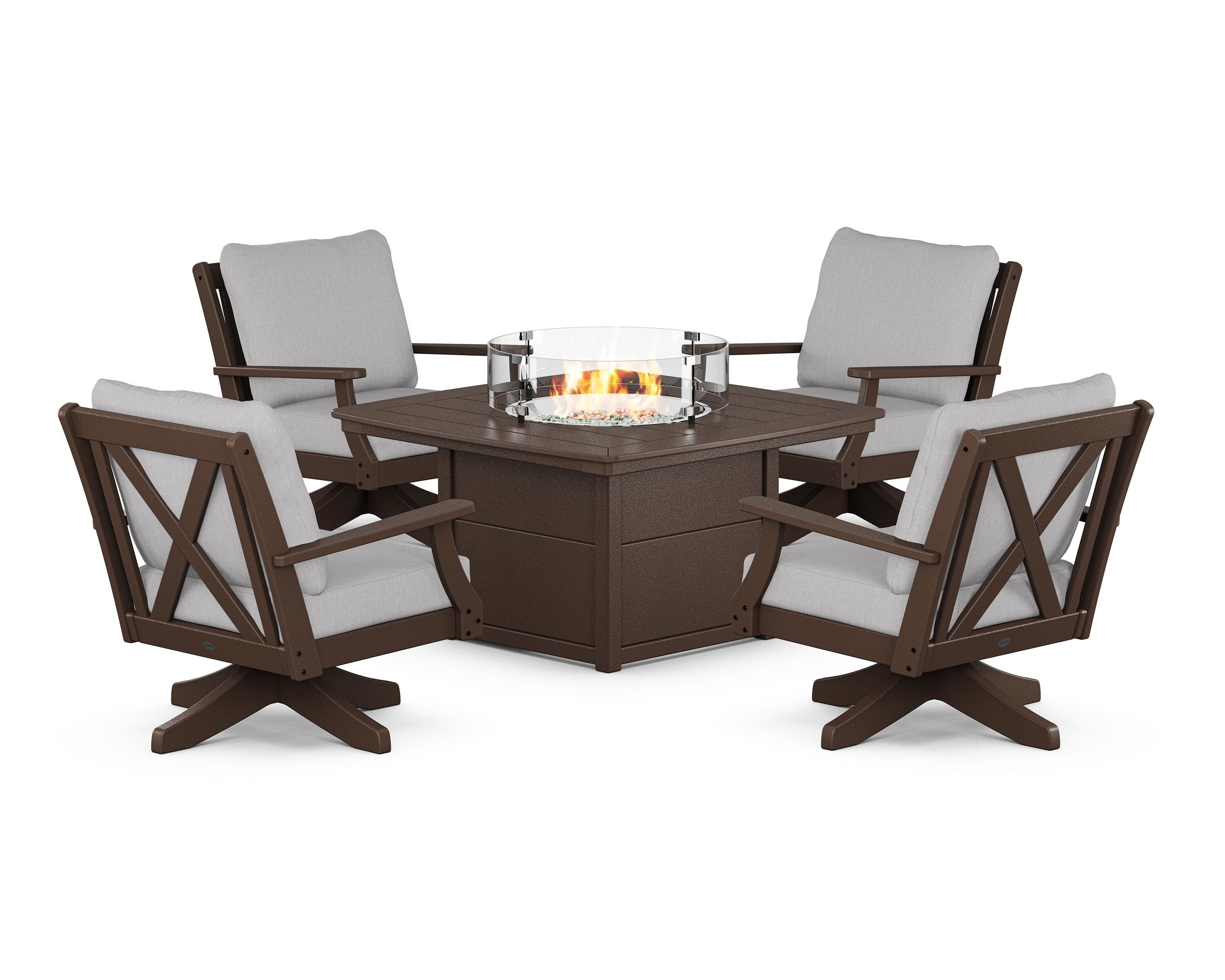 POLYWOOD Braxton 5-Piece Deep Seating Swivel Conversation Set with Fire Pit Table in Mahogany / Granite