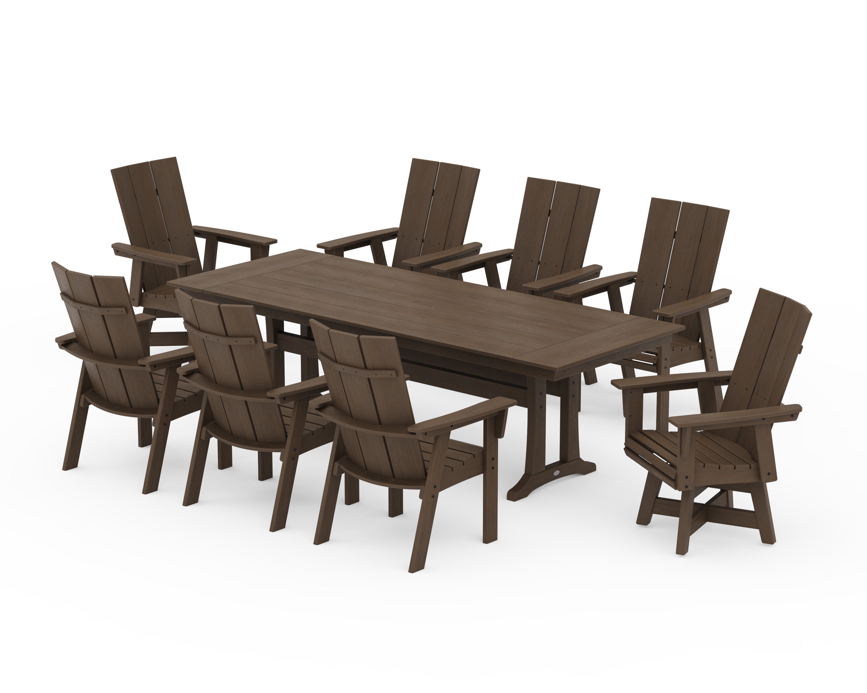 POLYWOOD Modern Curveback Adirondack Swivel 9-Piece Farmhouse Dining Set with Trestle Legs in Kona
