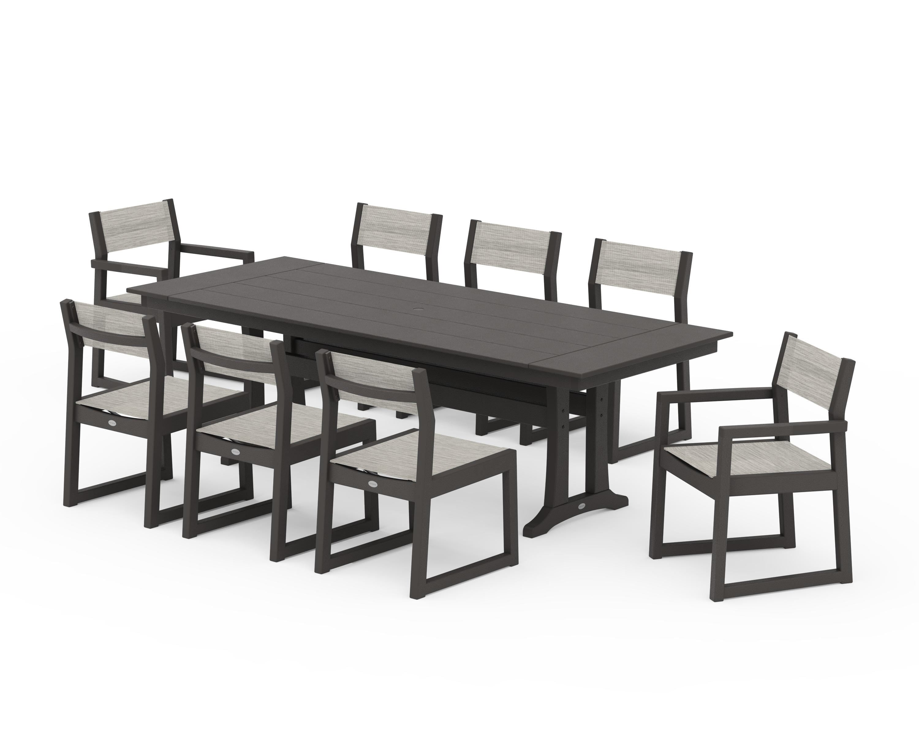 POLYWOOD EDGE Sling 9-Piece Farmhouse Trestle Dining Set in Vintage Coffee / Birch Sling