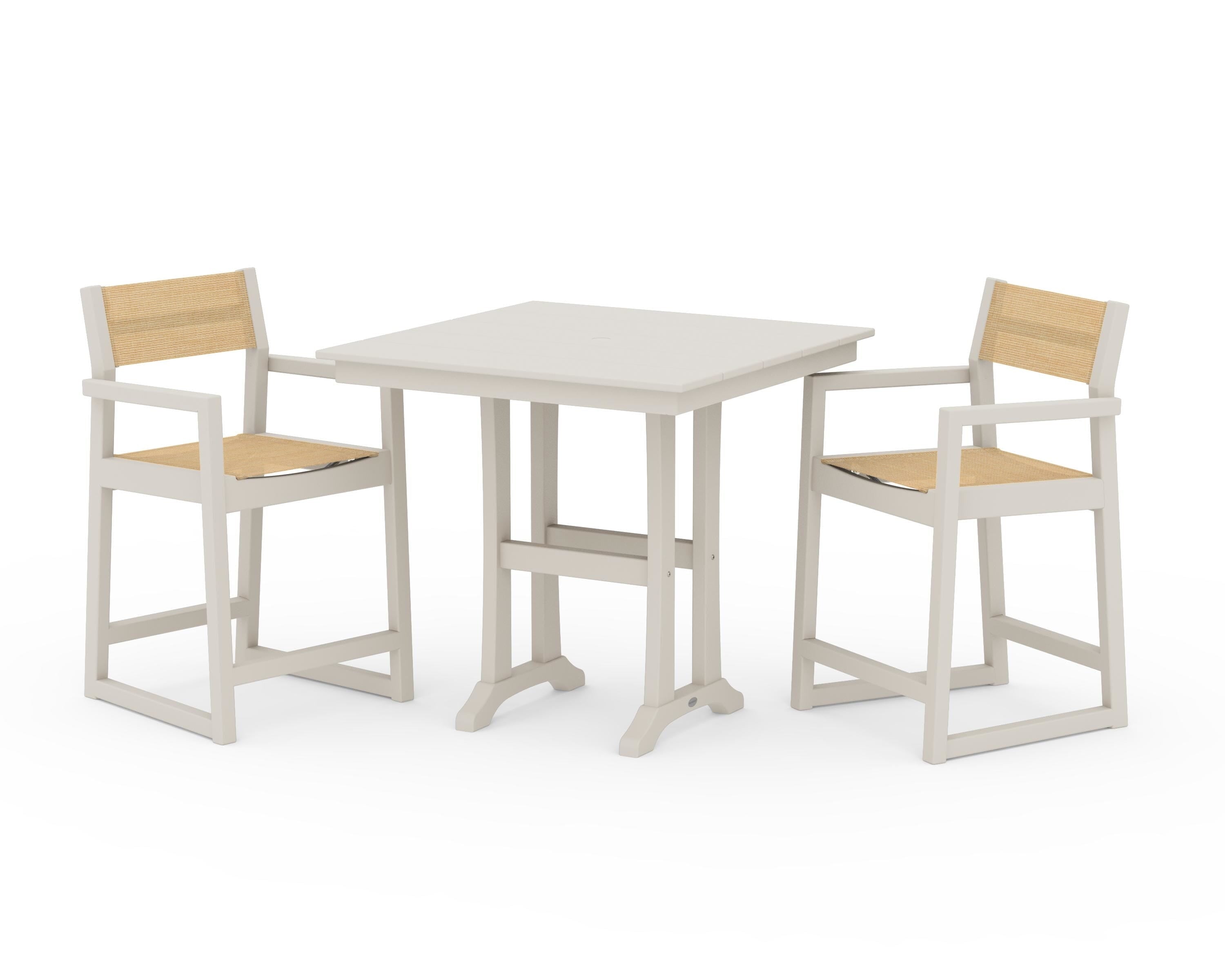 POLYWOOD EDGE Sling Arm Chair 3-Piece Farmhouse Counter Set with Trestle Legs in Sand / Dupioni Apricot Sling