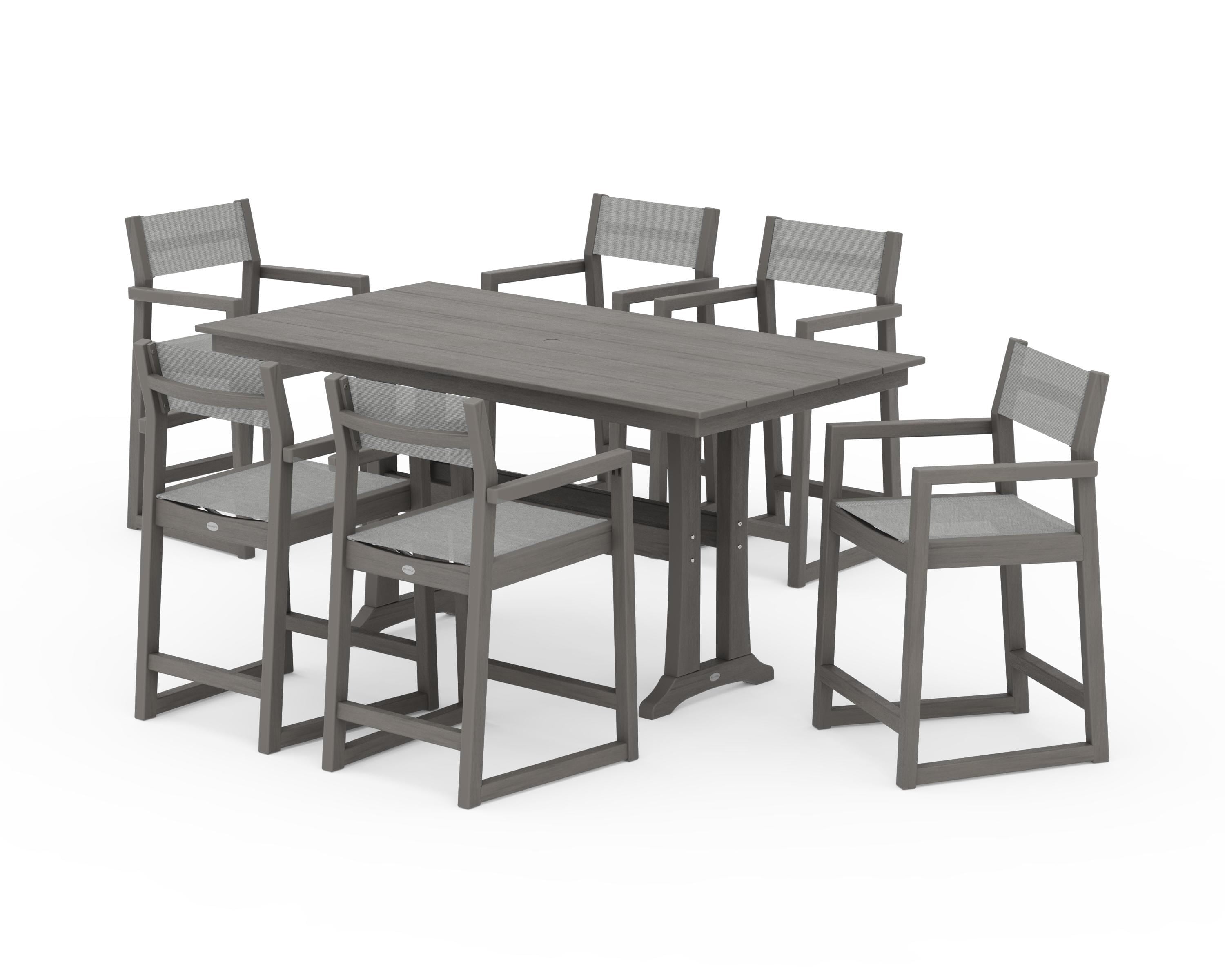 POLYWOOD EDGE Sling Arm Chair 7-Piece Farmhouse Counter Set with Trestle Legs in Driftwood / Metallic Sling