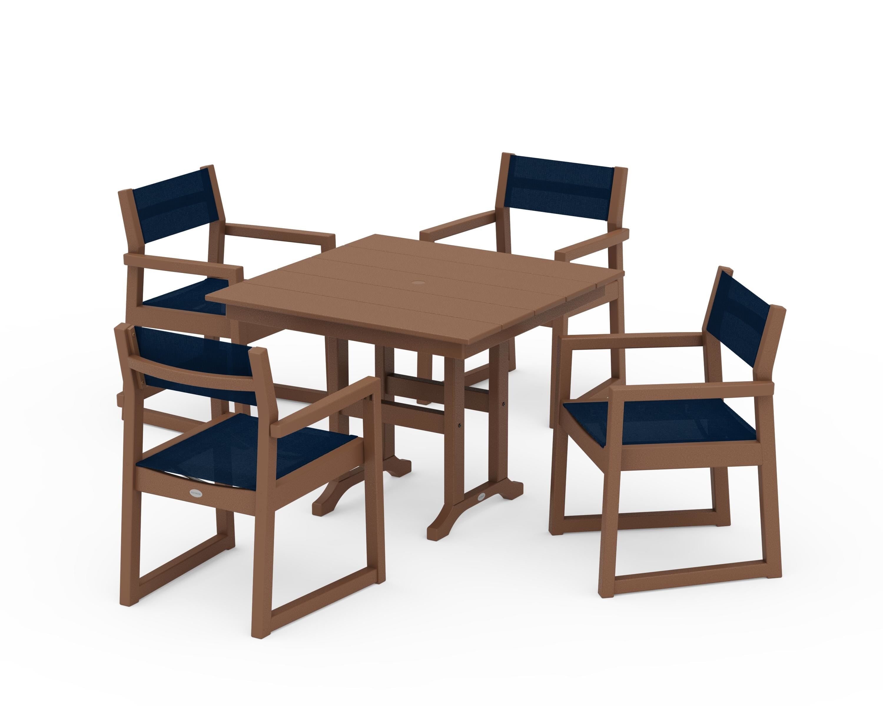 POLYWOOD EDGE Sling Arm Chair 5-Piece Farmhouse Dining Set in Teak / Navy Blue Sling