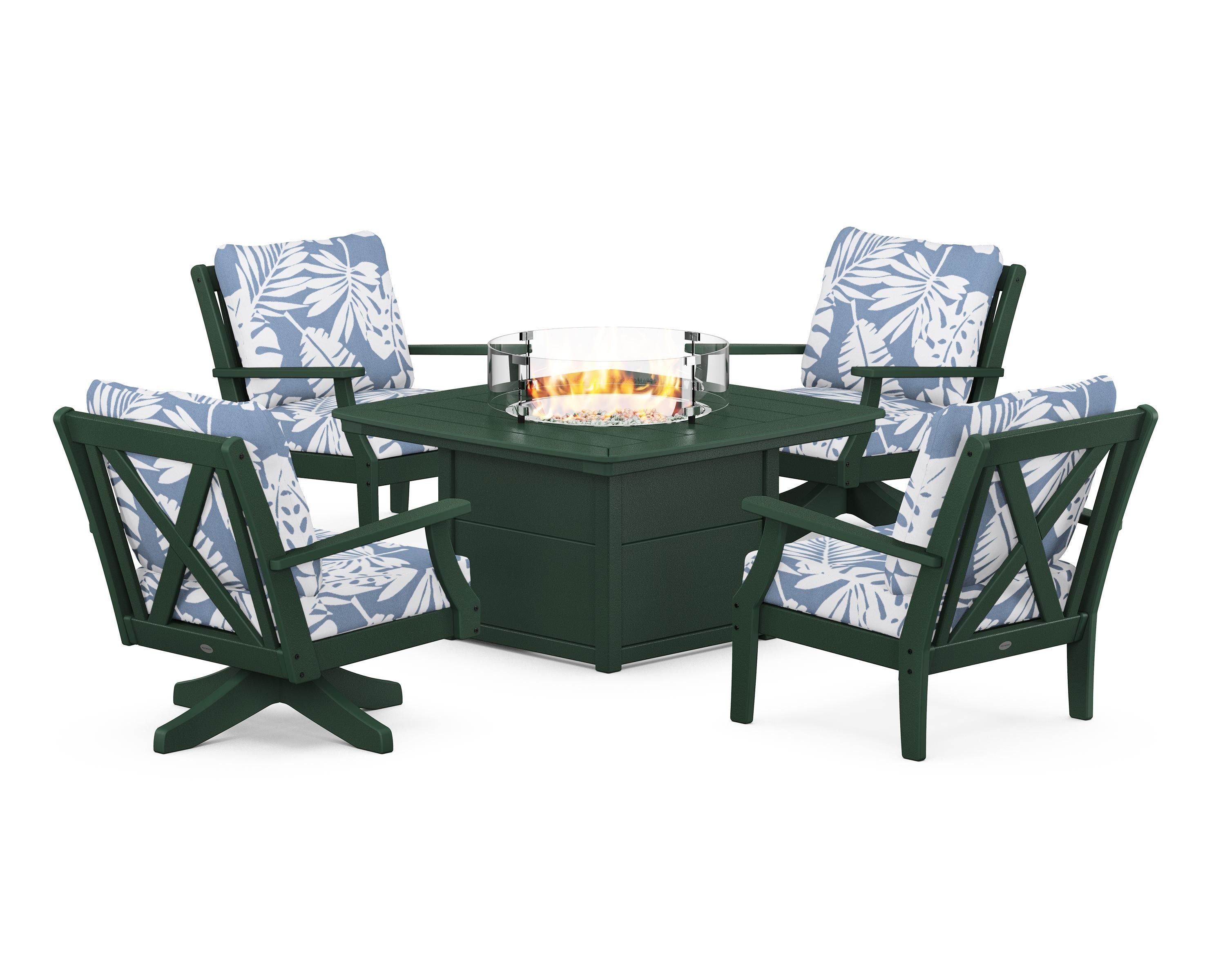 POLYWOOD Braxton 5-Piece Deep Seating Set with Fire Table in Green / Leaf Sky Blue