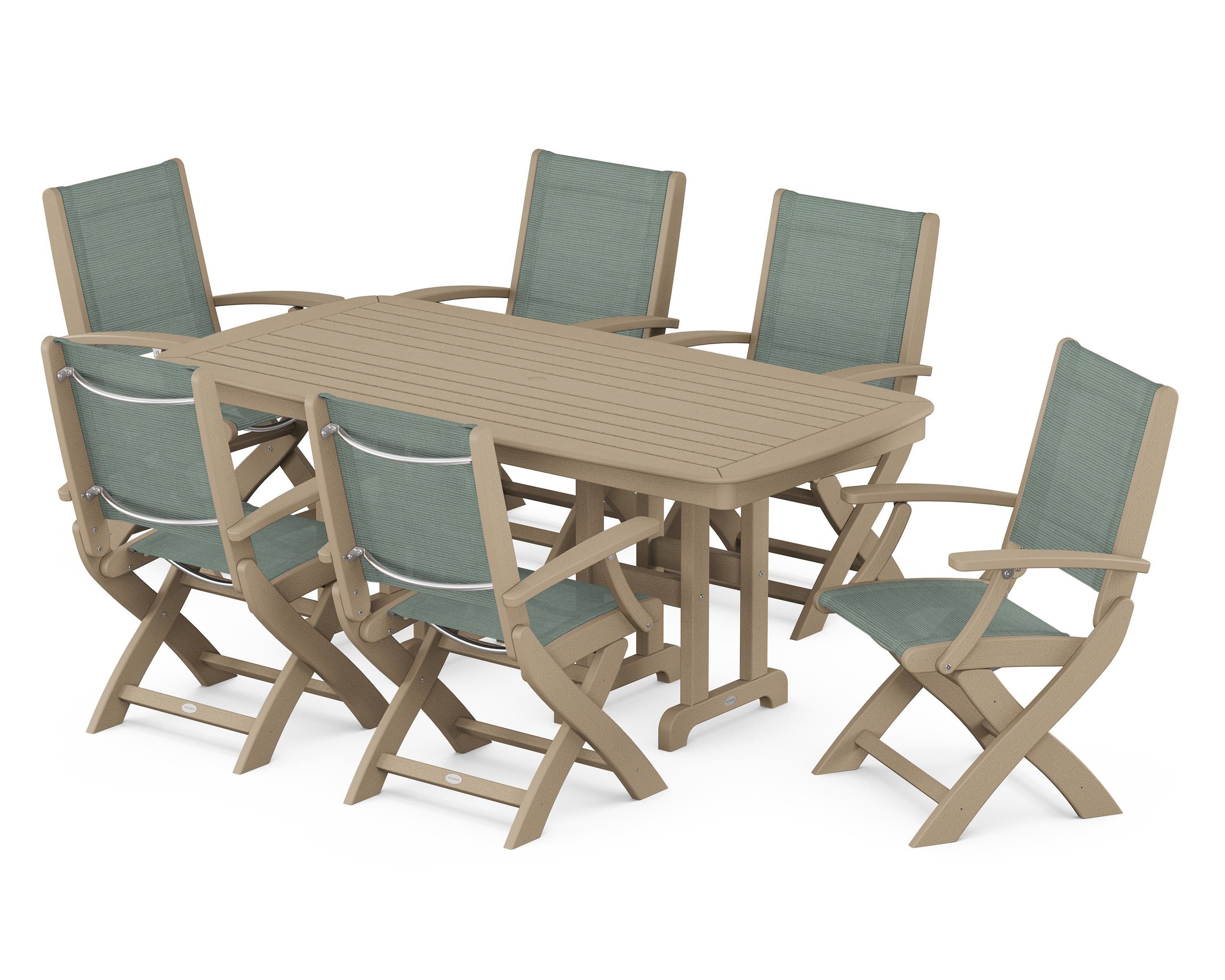 POLYWOOD Coastal Folding Arm Chair 7-Piece Dining Set in Vintage Sahara / Dupioni Sea Mist Sling