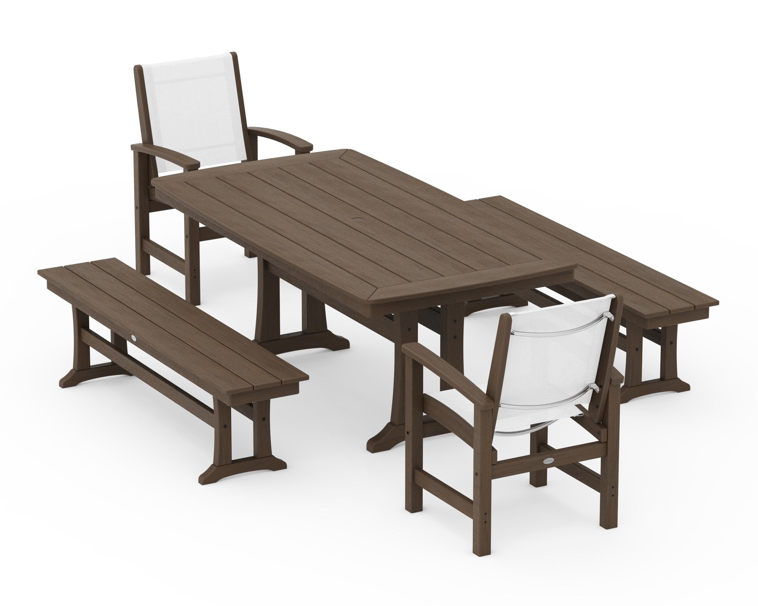 POLYWOOD Coastal 5-Piece Dining Set with Trestle Legs and Benches in Kona / White Sling